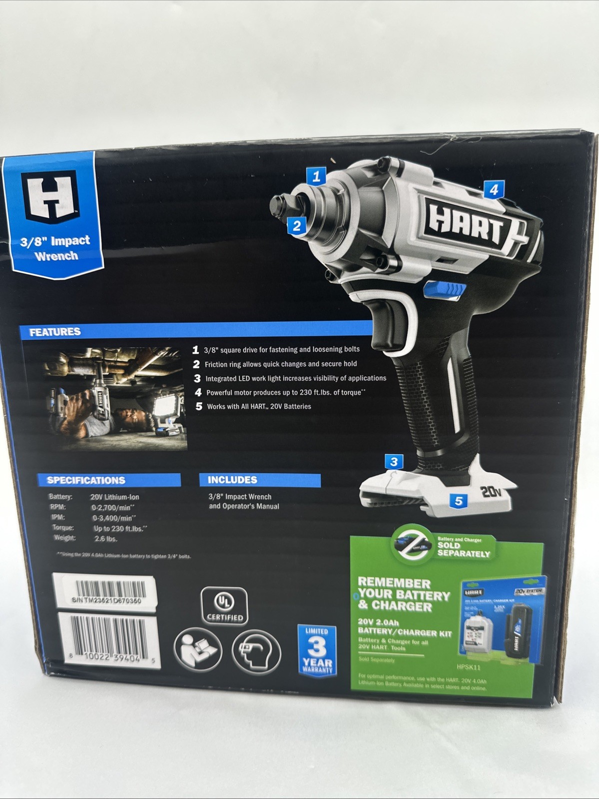 HART 20-Volt Cordless 3/8-inch Impact Wrench (Battery AND CHARGER Not Included)