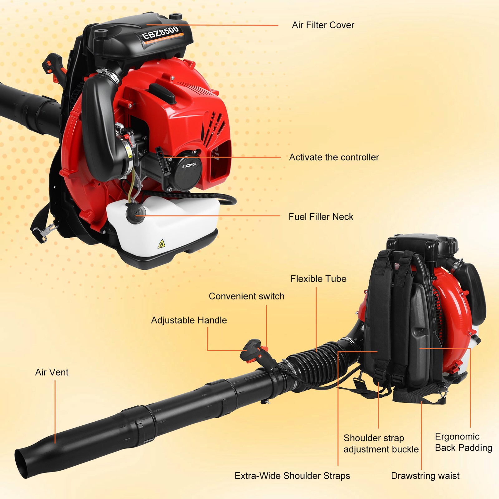 Backpack Gas Leaf Blower, 75.6cc 2 Stroke Engine, 850CFM, 200MPH 2.3L Fuel Tank