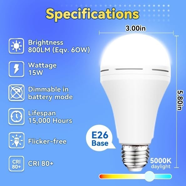 Rechargeable LED Bulb w/Hook,1500mAh,12W,4Pack,Power Failure Light