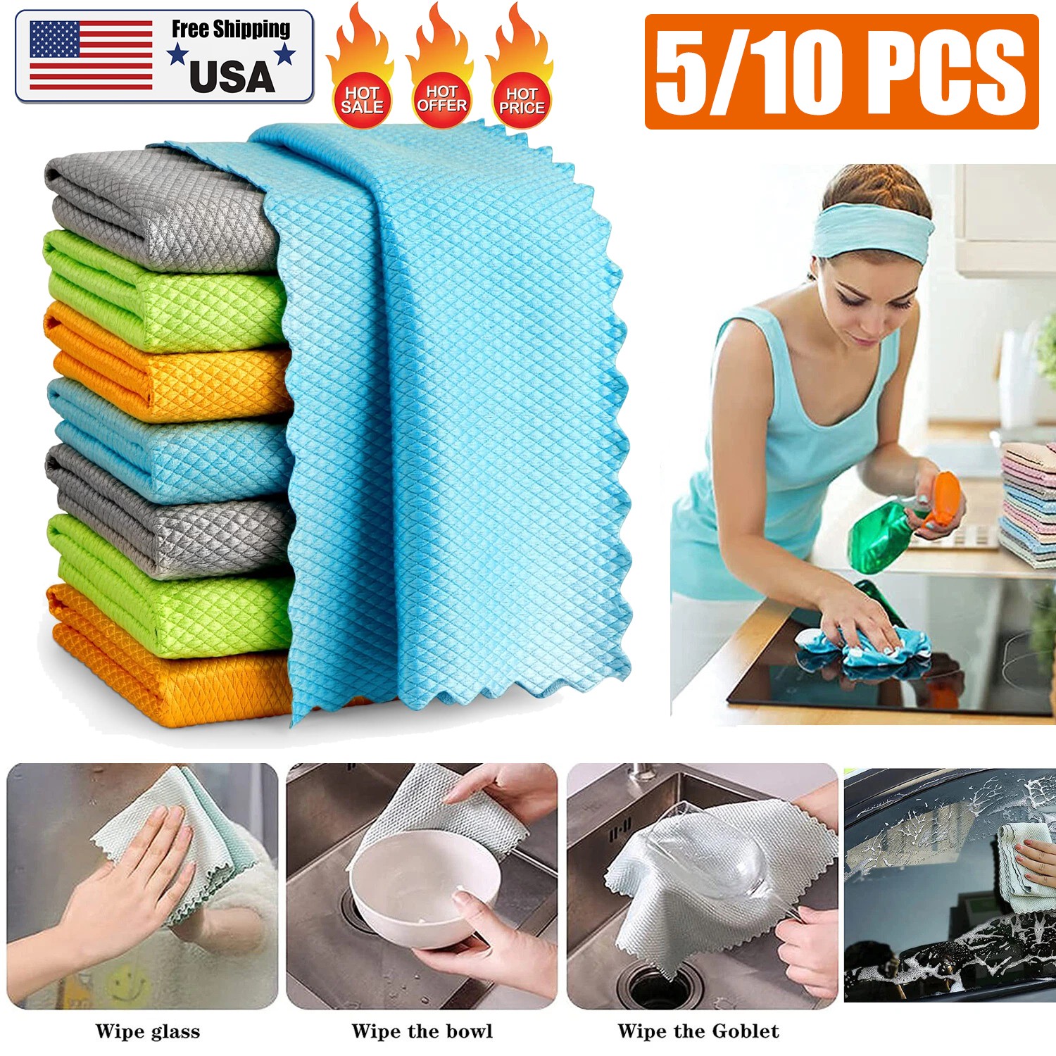 10× Fish Scale Microfiber Polishing Cleaning Cloth Towels Rags Window Glass Car