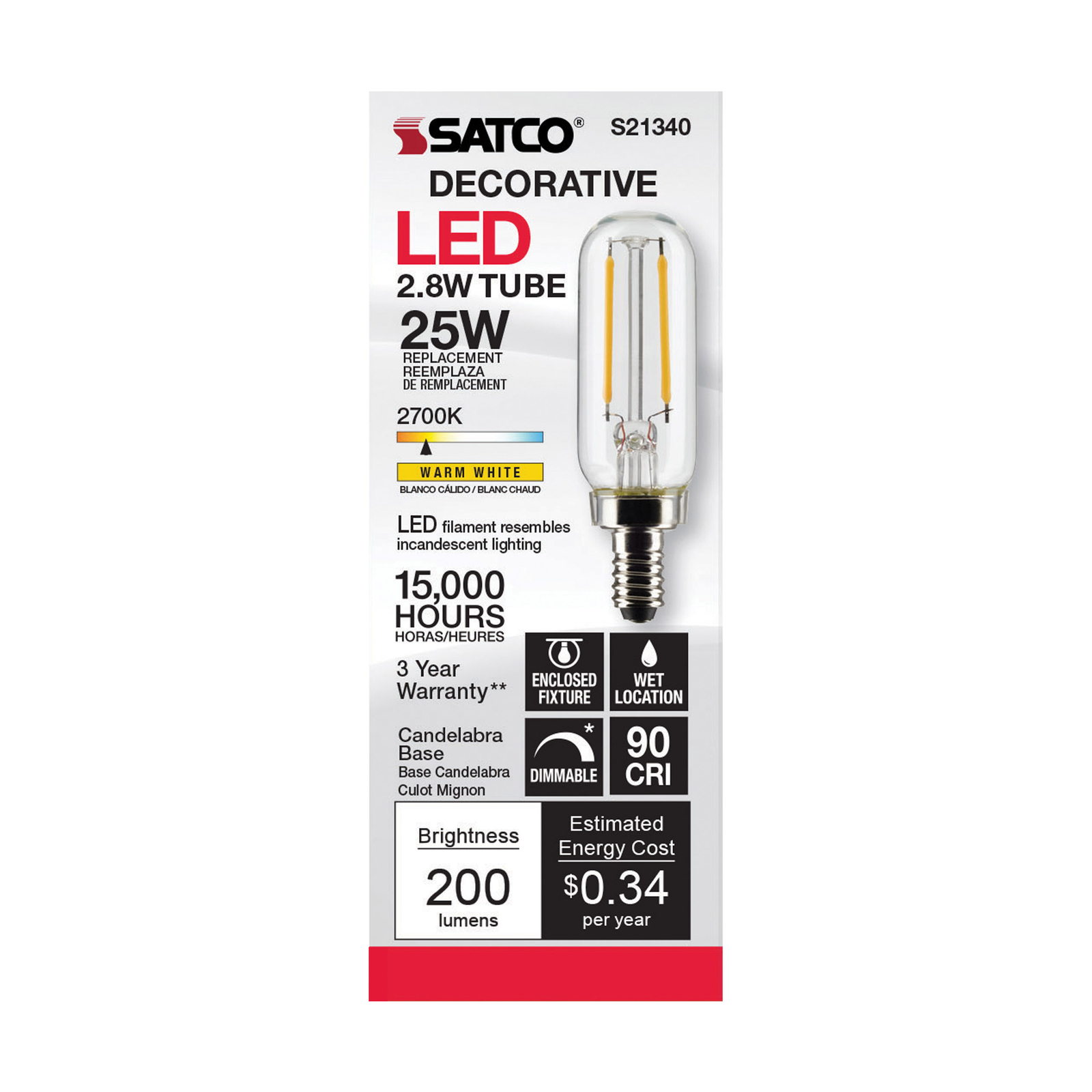 Satco S21340 LED Filament Tube 120V 2.8W =25W T6 Candelabra E12 2700K Warm White
