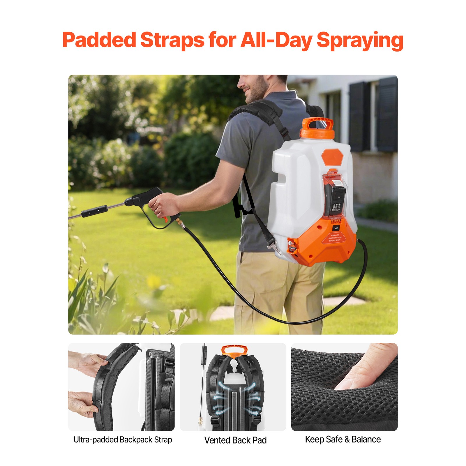 4 Gallon Battery Powered Backpack Sprayer 0-90 PSI 4H Runtime for Yard Lawn
