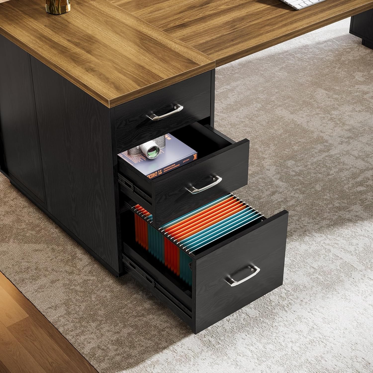 85.8-Inch L-Shaped Executive Desk, Large Office Computer Desk with File Drawers