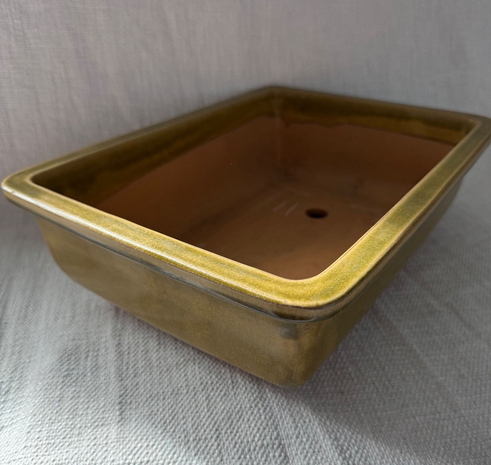 LARGE vintage Japanese rectangle bonsai pot 12.75” x 9” RARE green-yellow glaze