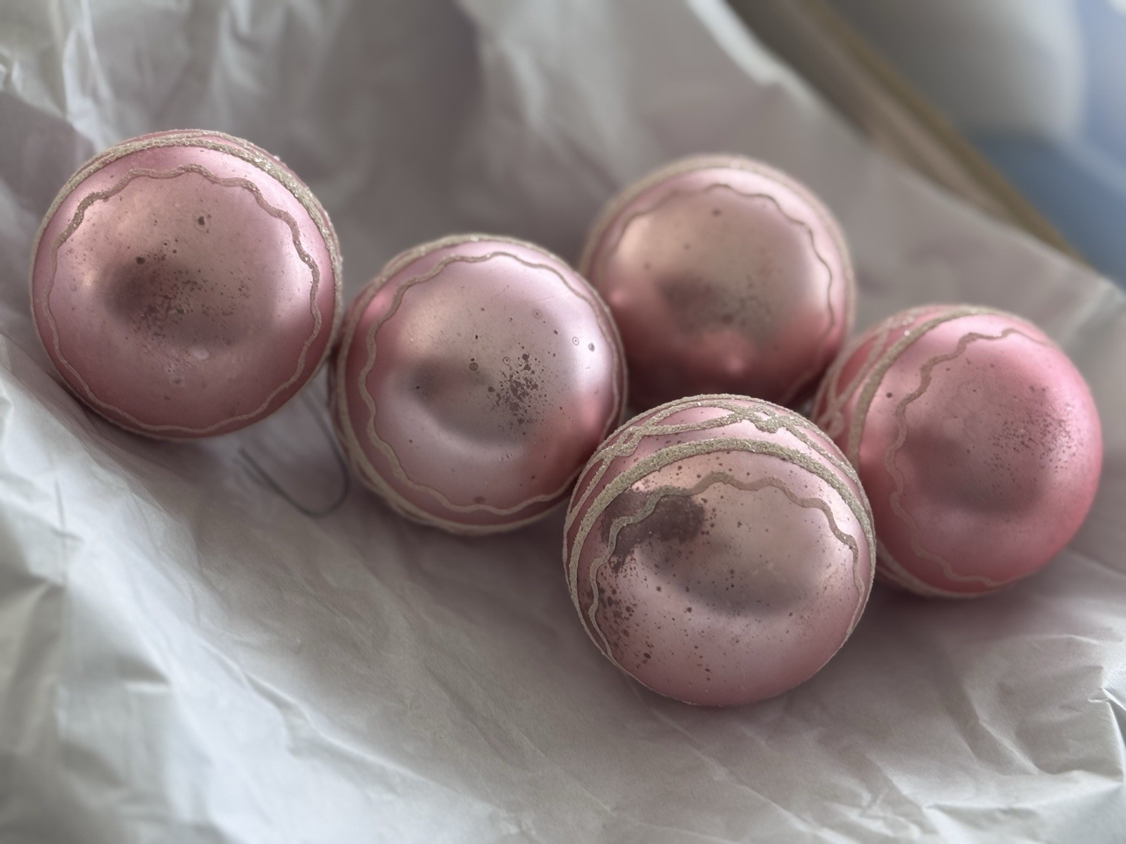 Vintage Shiny Brite Soft Baby Pink Ornaments Mica Stenciled Set Of 5 LOT
