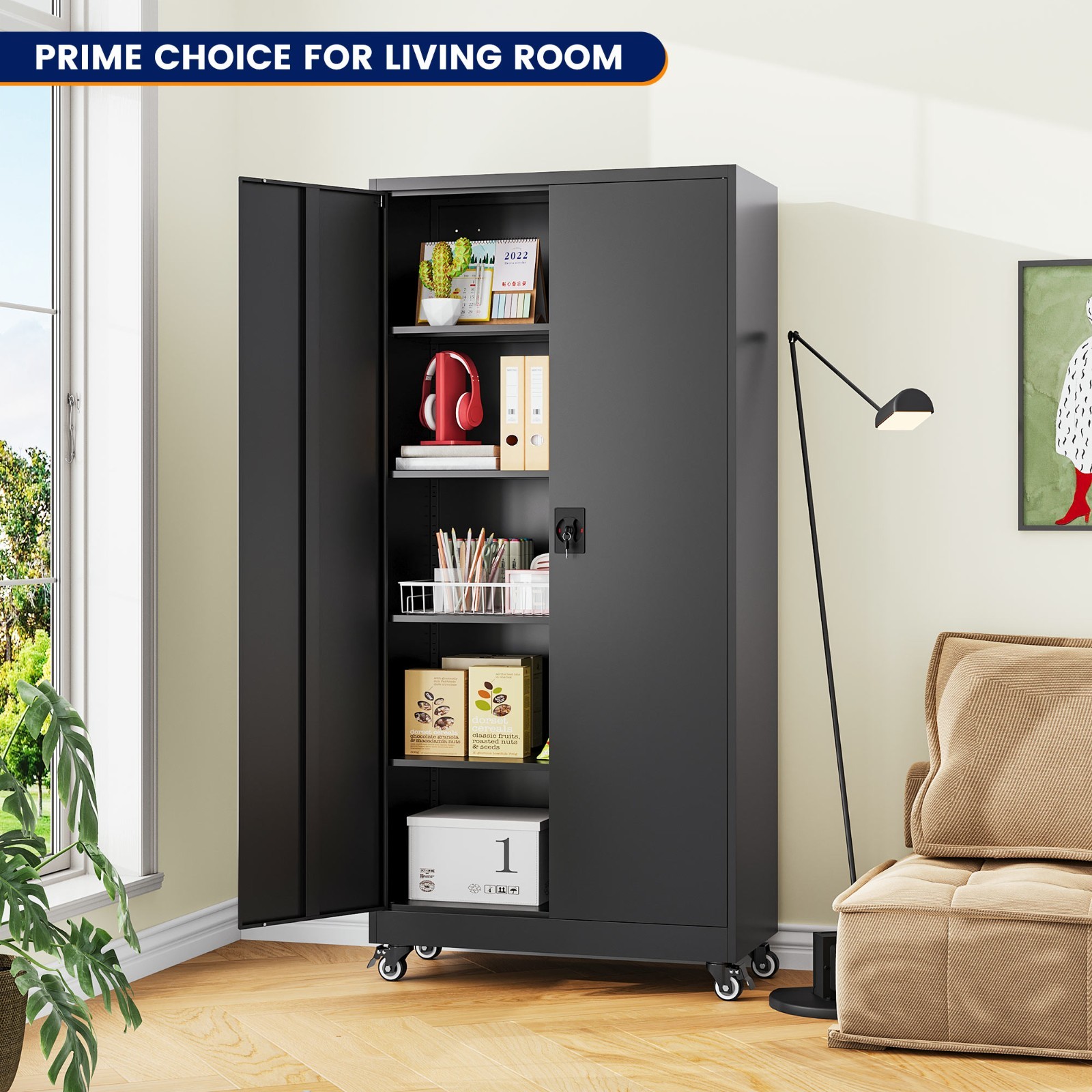 75″ Rolling Metal Garage Cabinet with Locking&Adjustable Shelves for Home/Garage