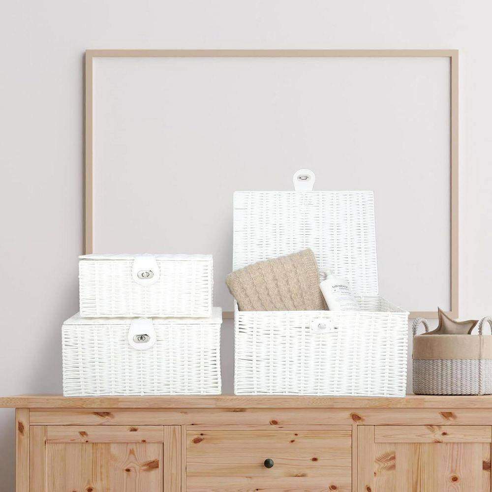 White 14.2 In. X 7.3 In. Polypropylene Decorative Basket Set of 3 with Lid and H