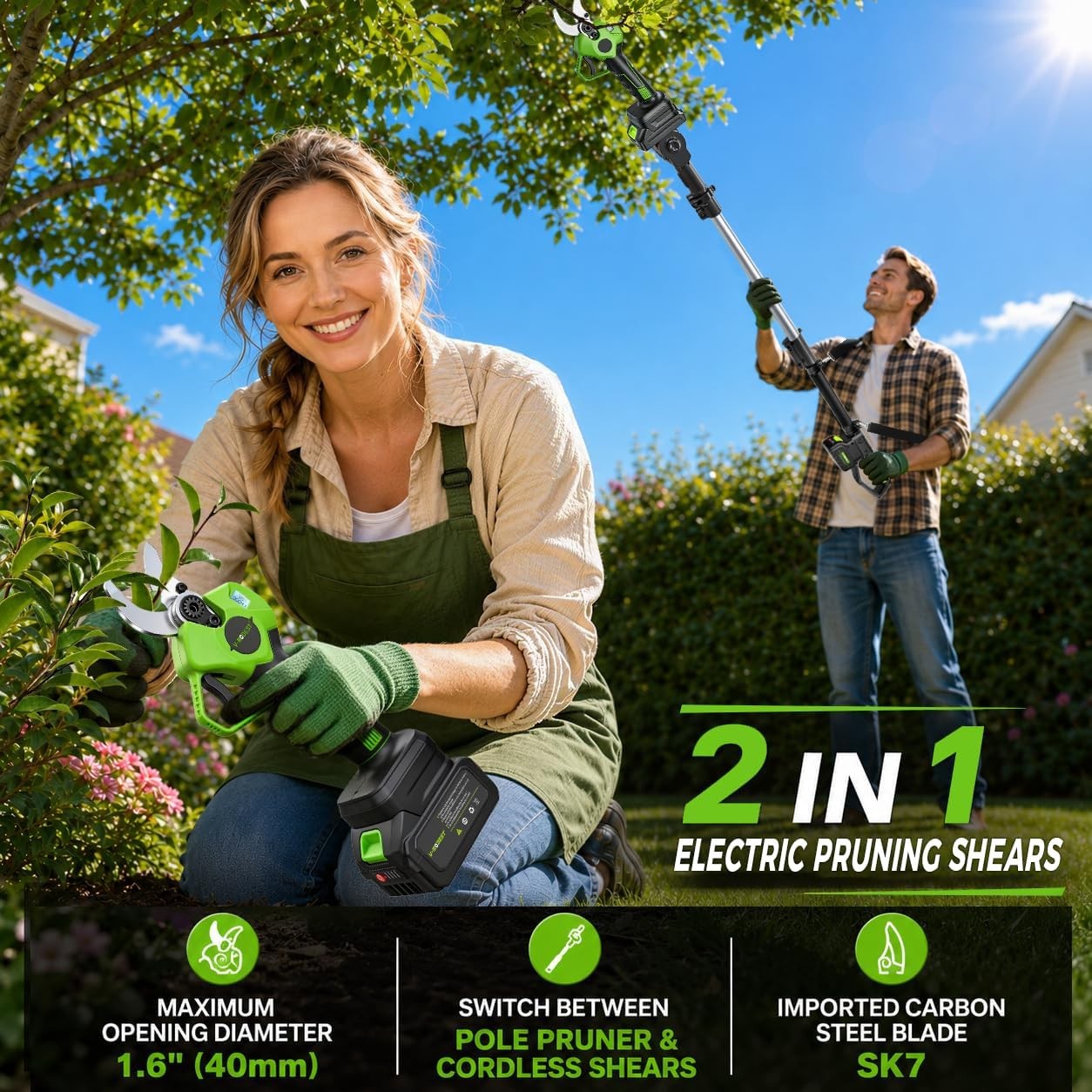 2-IN-1 Cordless Electric Pole Pruning Shears/Cordless Pruner w/21V 4.0Ah Battery