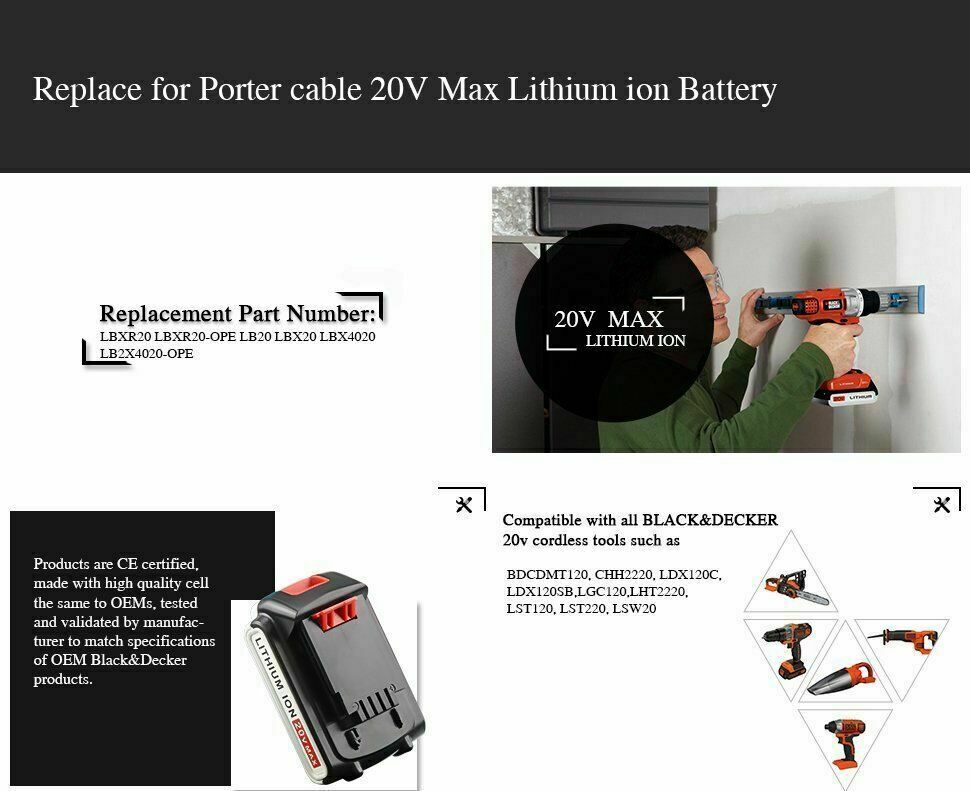 2 Pack 3.8AH 20V MAX For Black & Decker 20Volt Lithium Battery LBXR20 LB2X4020