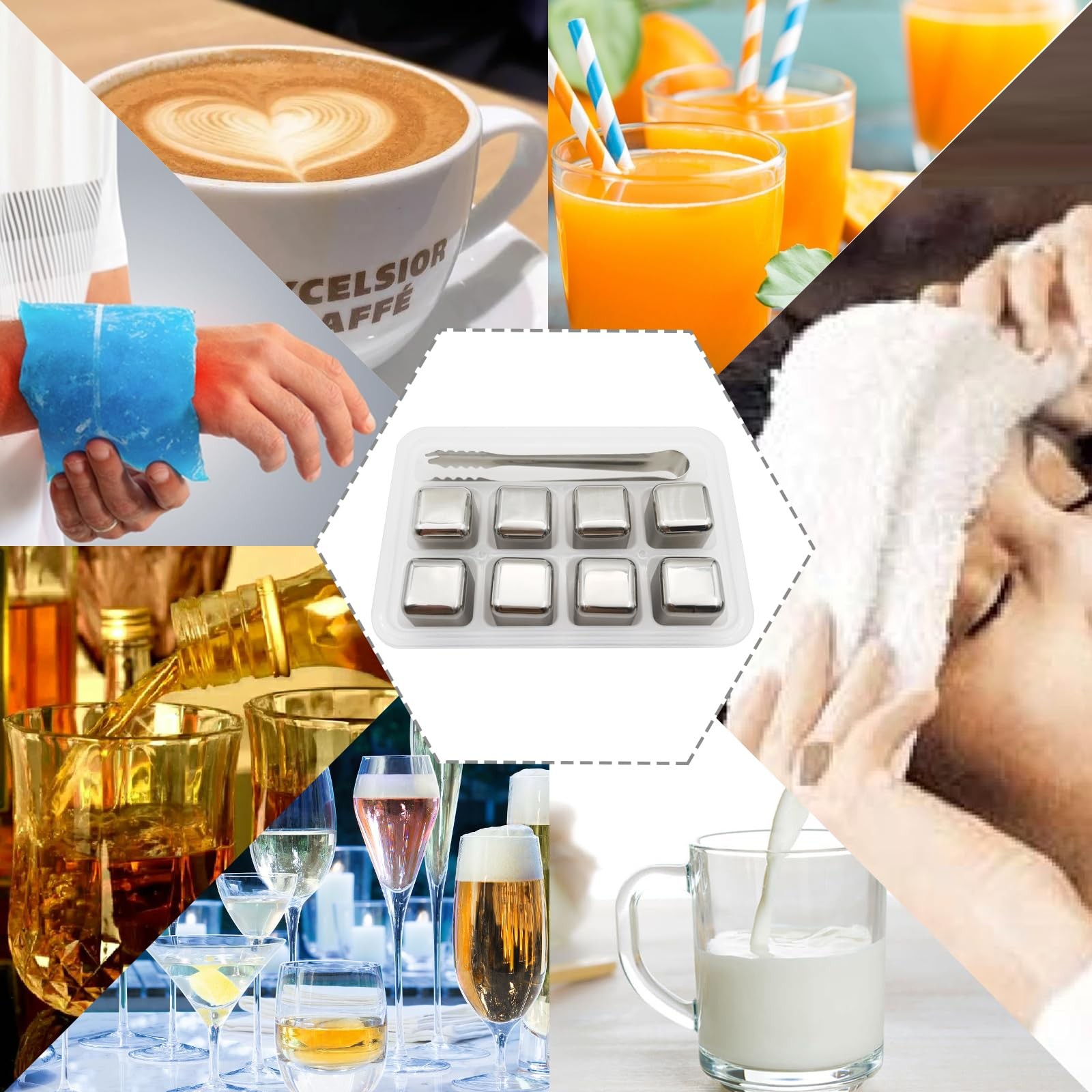 Zalaxt 8 pcs Stainless Steel Ice Cubes for Drinks, Reusable 1.02, 8 PCS