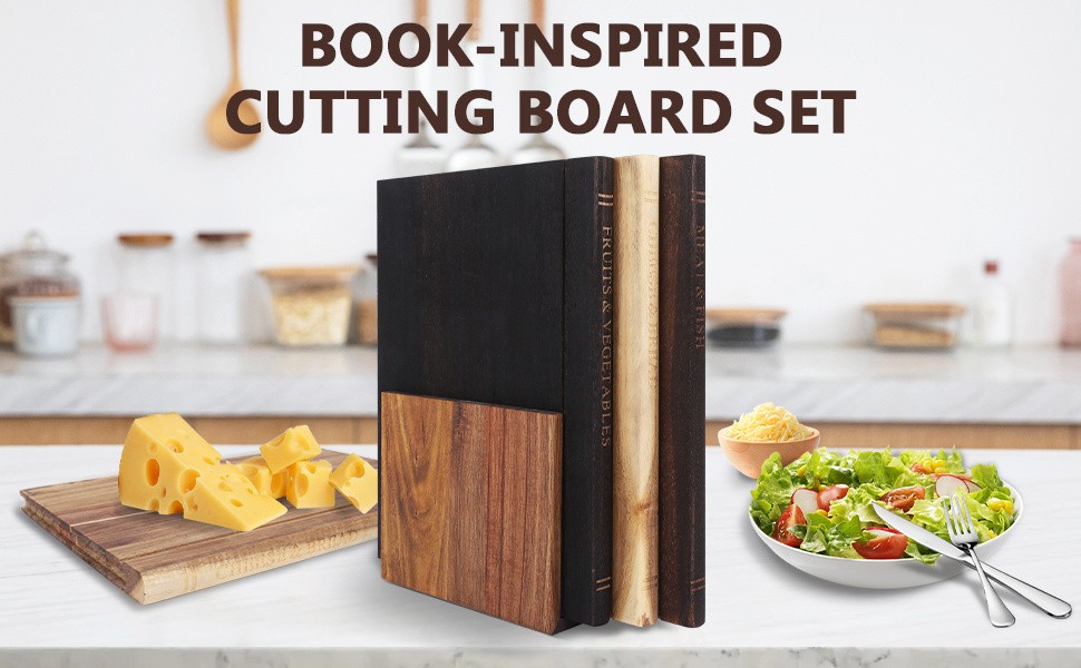 1/3pcs Book Cutting Board Set with Stand, Solid Acacia Cutting Boards