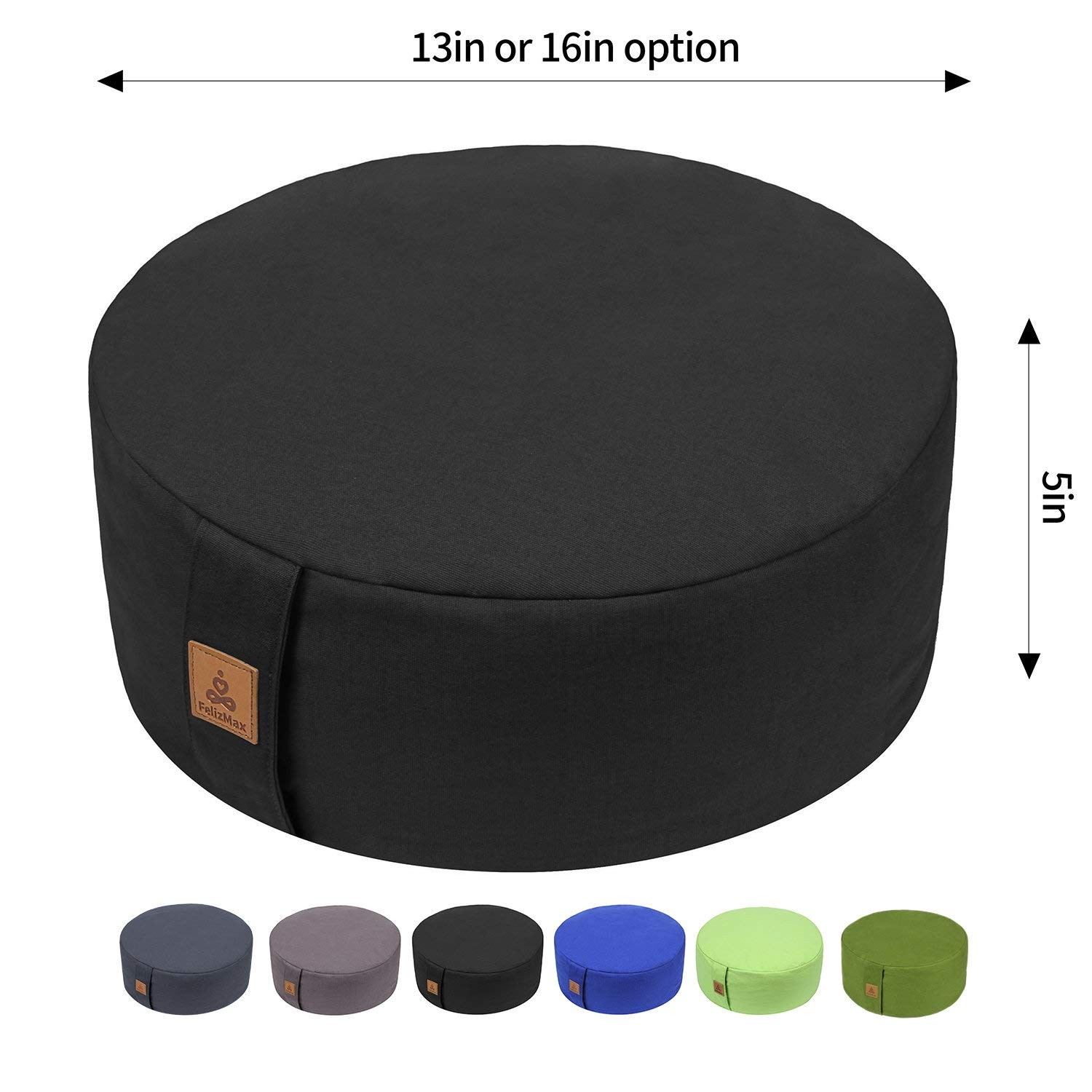 FelizMax Zafu Buckwheat Meditation Cushion,D=33cm/41cm 13”x13”x5”, Black
