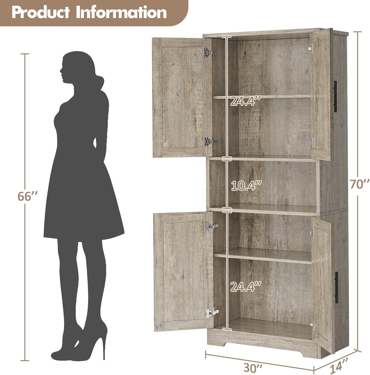 70” Tall Kitchen Pantry Cabinet Freestanding Storage Cabinet Adjustable Shelves