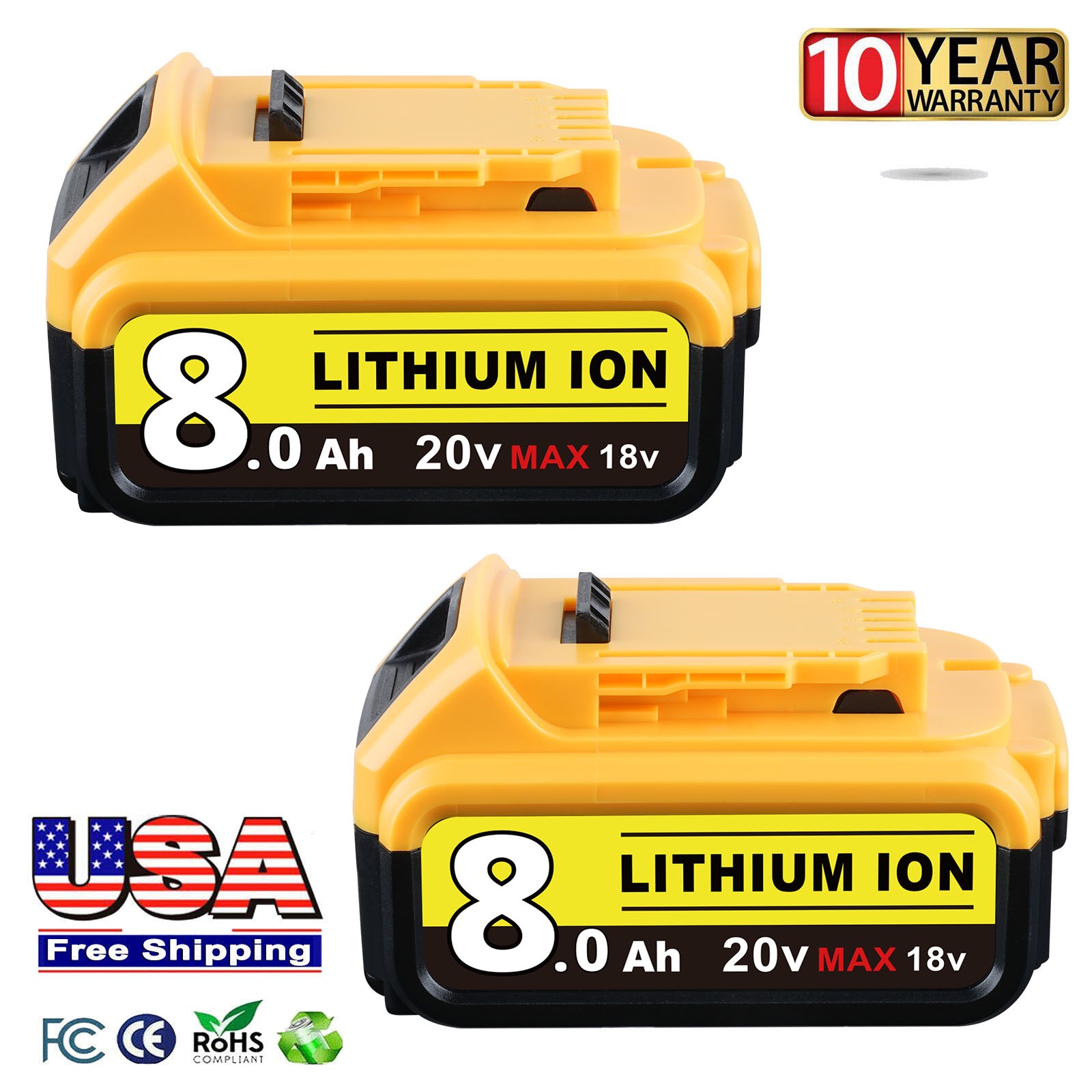 2 Pack NEW For DEWALT DCB203 20V MAX 8.0Ah Li-Ion Compact Battery DCB200 DCB204