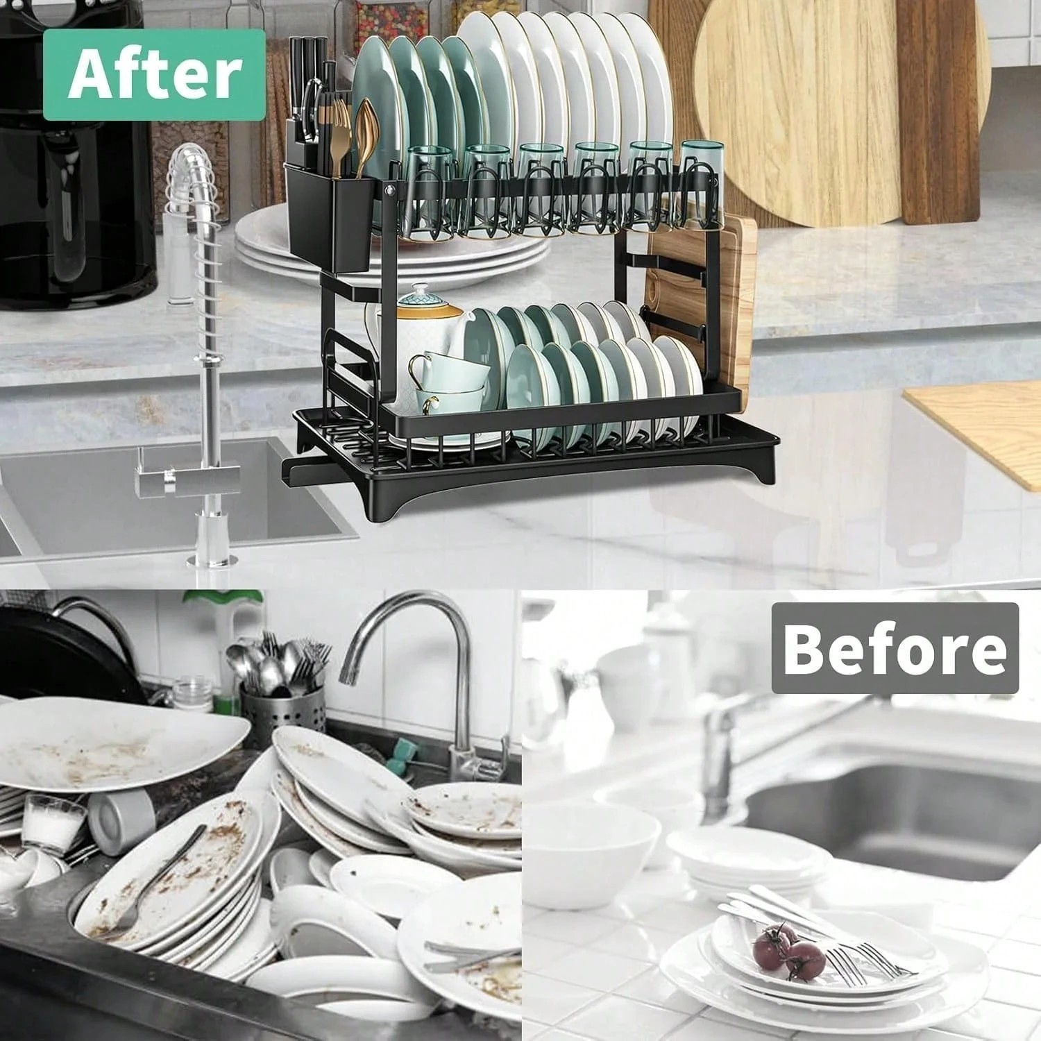 Elegant 2 Tier Black Stainless Dish Rack Stylish Space Saving Kitchen Organizer