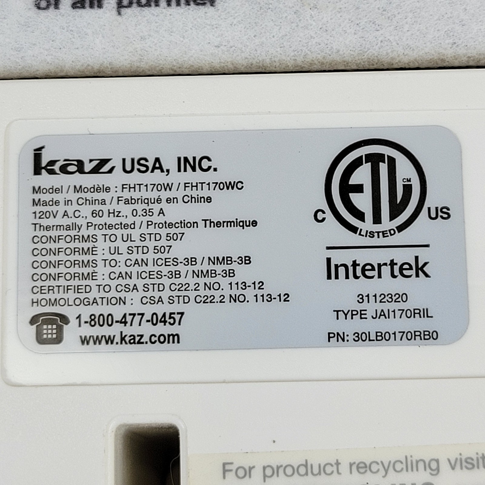 Febreze Tabletop HEPA-Type Air Purifier Model FHT170W White 85 – 100 Sq Ft
