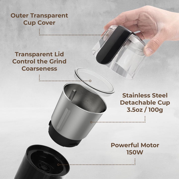 Kaffe Electric Coffee Grinder with Removable Cup (4.5oz) – Stainless Steel
