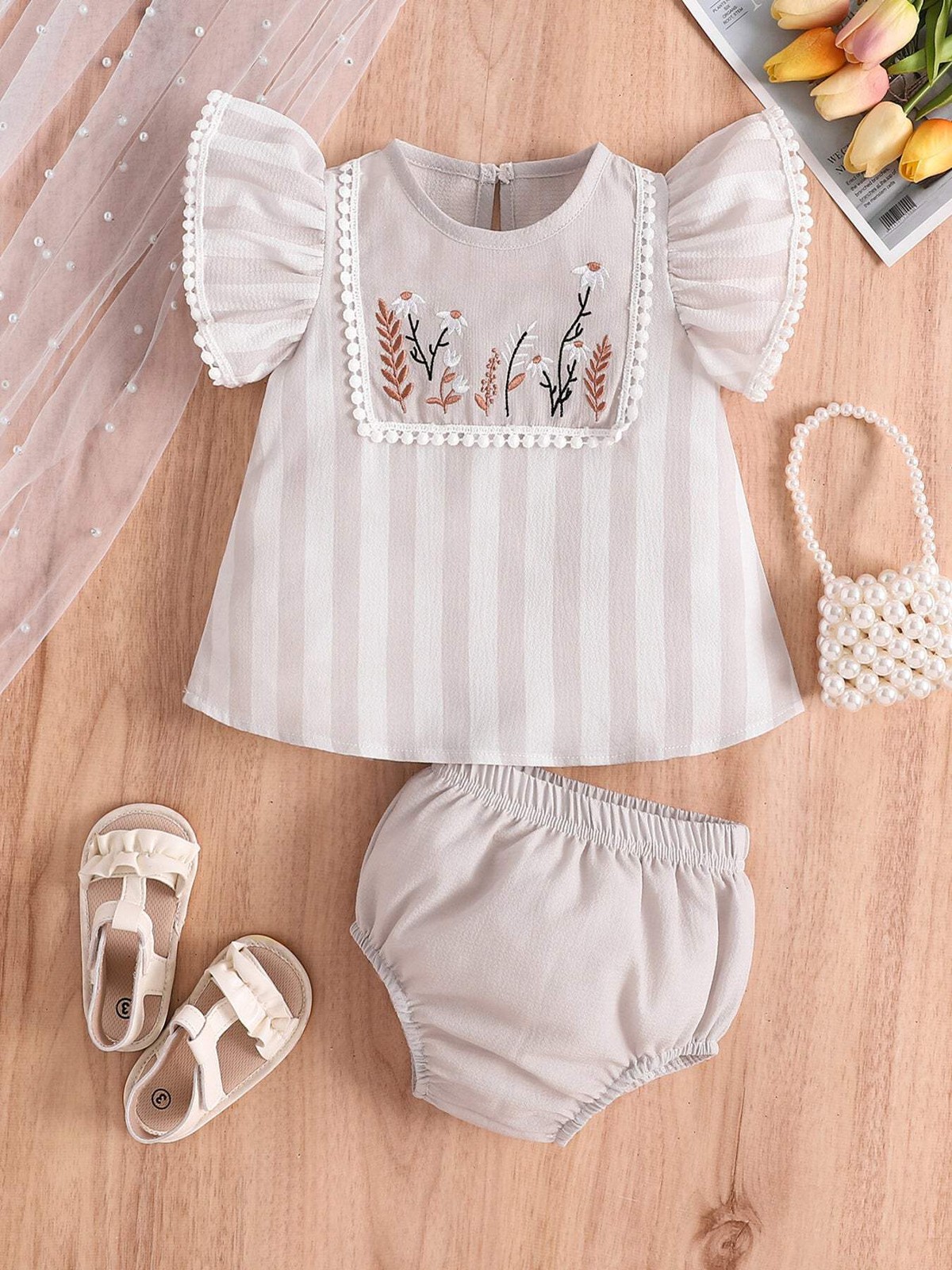 Children’s Floral Embroidered Striped Top and Bottom Set