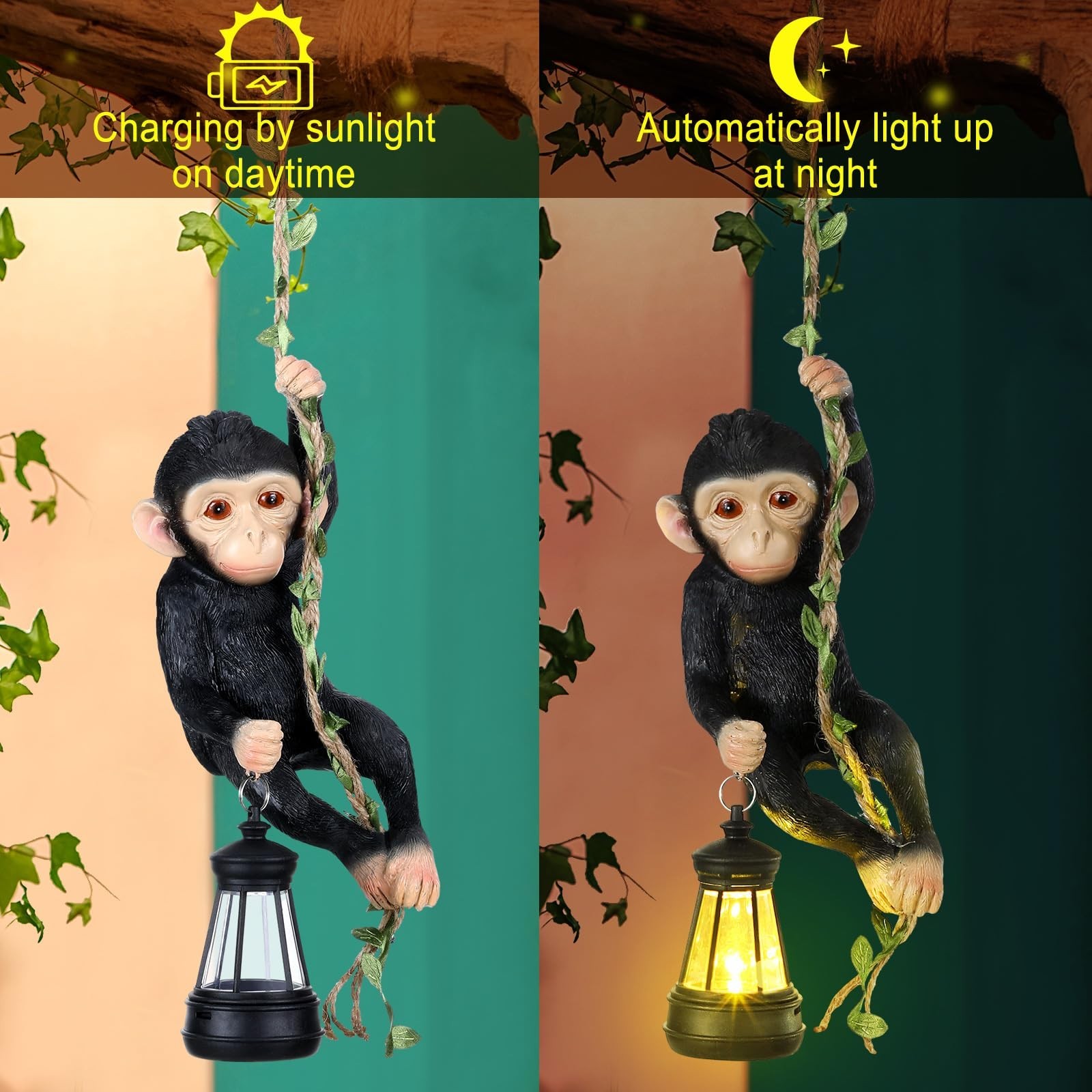 Solar Light Outdoor Monkey Statues Black 7.48 Inch Resin Chimpanzee Baby Monk…