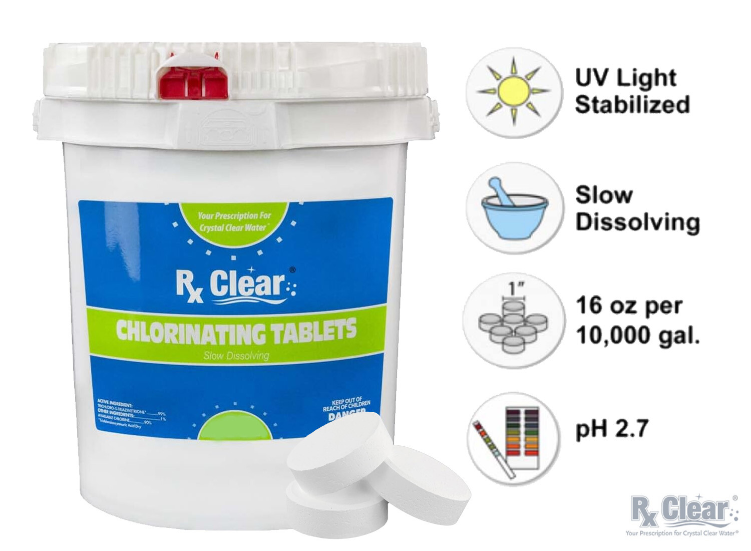 Rx Clear 3″ Dissolving Stabilized Chlorine Swimming Pool Tablets – (Choose Size)