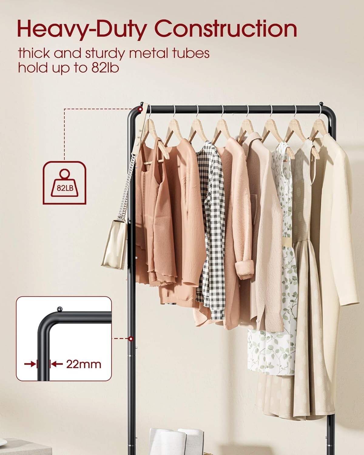 Compact Heavy-Duty Clothing Rack with Movable Shelves & Casters – 28×16.9×59