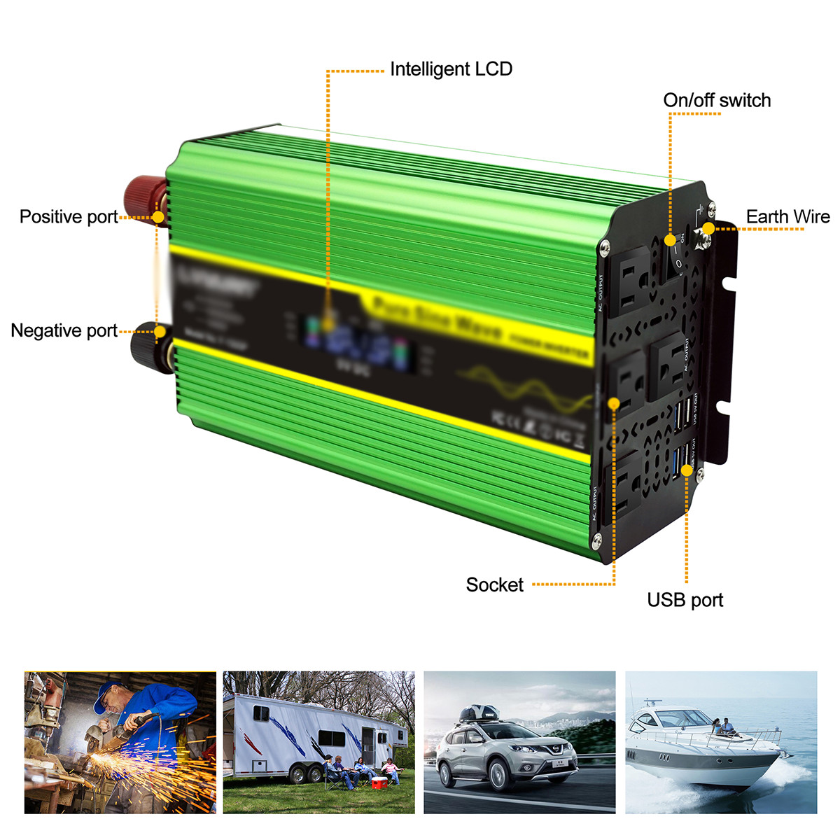 2000W 4000W 12V Pure sine Wave Power Inverter 110V 4AC 4USB LCD Car Converter