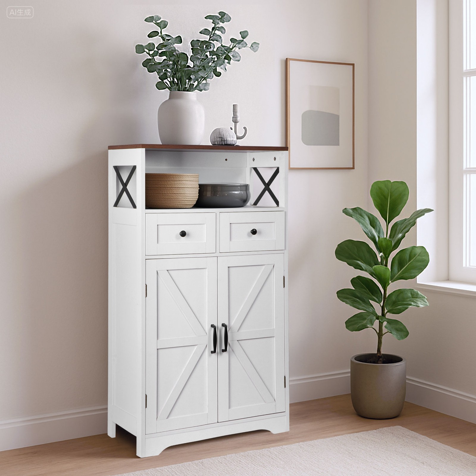 Farmhouse Storage Cabinet Bathroom Floor Cabinet Kitchen Pantry w/ Drawers White