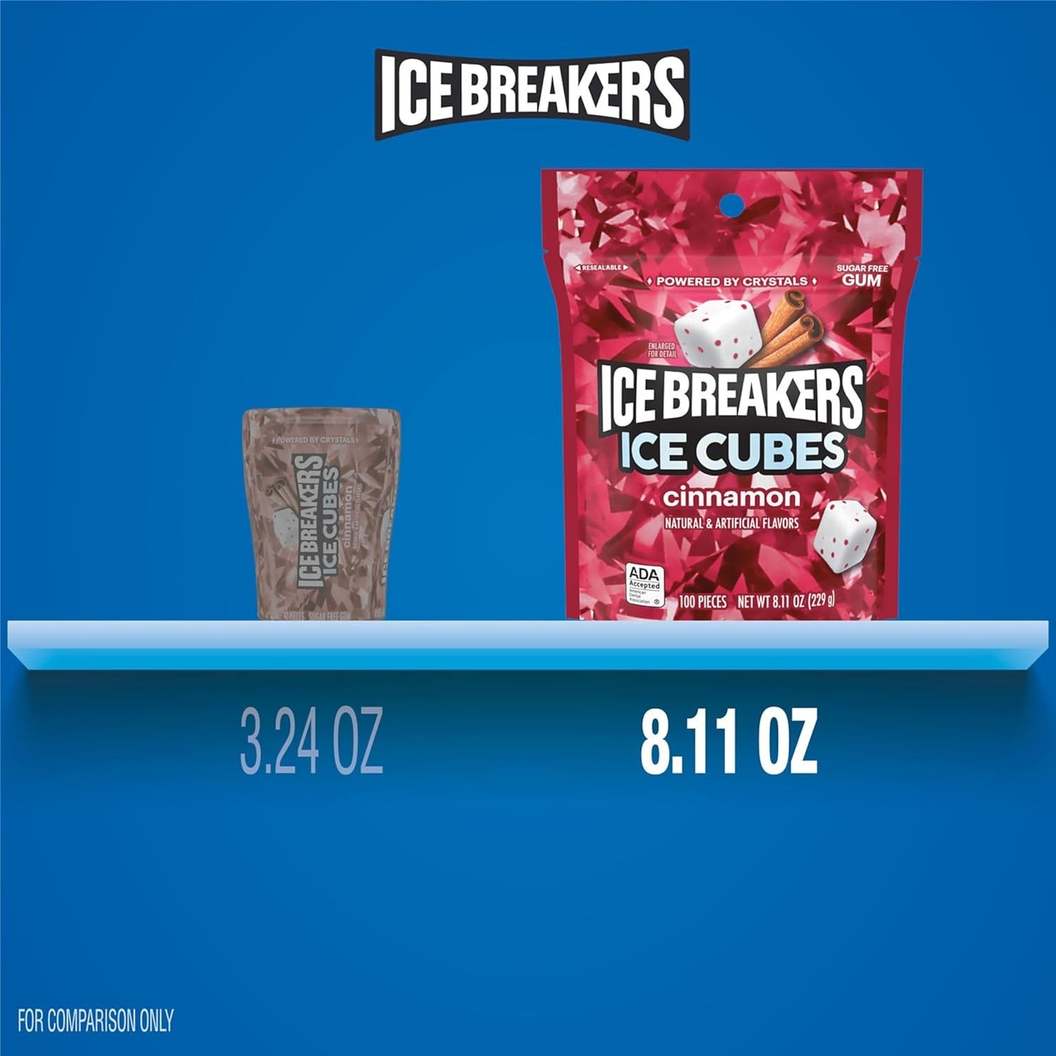 Ice Cubes Cinnamon Sugar Free Chewing Gum Pouch, 8.11 oz 100 Pieces