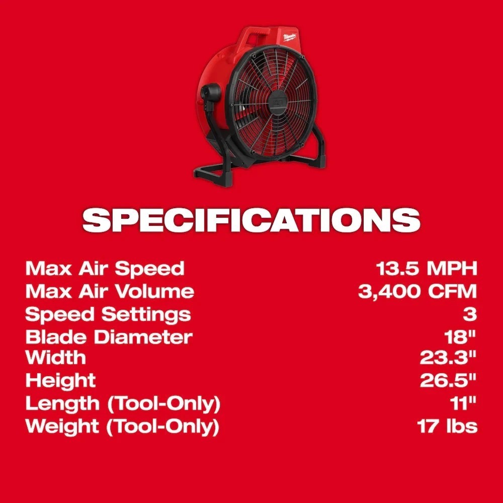 Milwaukee 0821-20 M18 18V 18″ Brushless Cordless Fan – Bare Tool