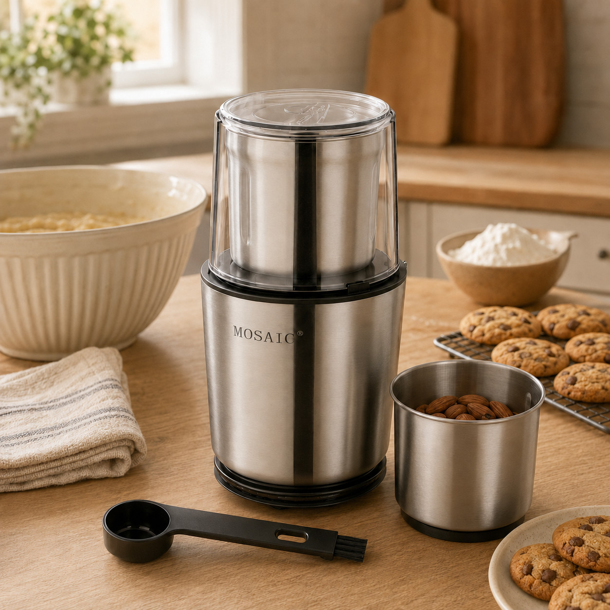 MOSAIC Electric Coffee & Spice Grinder 300W 2 Removable Cups Stainless Steel