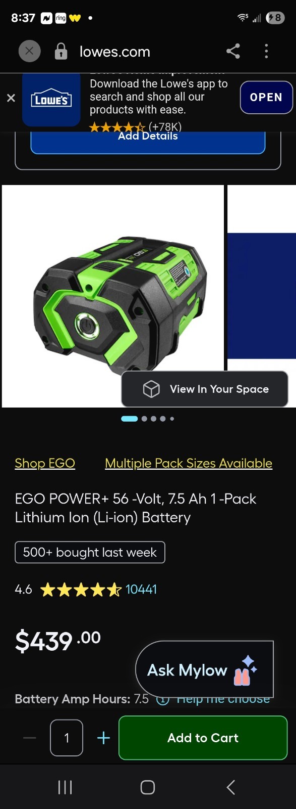 EGO Power+ 56V 7.5Ah ARC Lithium-Ion Battery BA4200T Genuine OEM (Used)