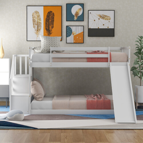 Stairway Wooden Bunk Bed w/ Slide Low Floor Bed for Kids Teens Adults,White/Gray