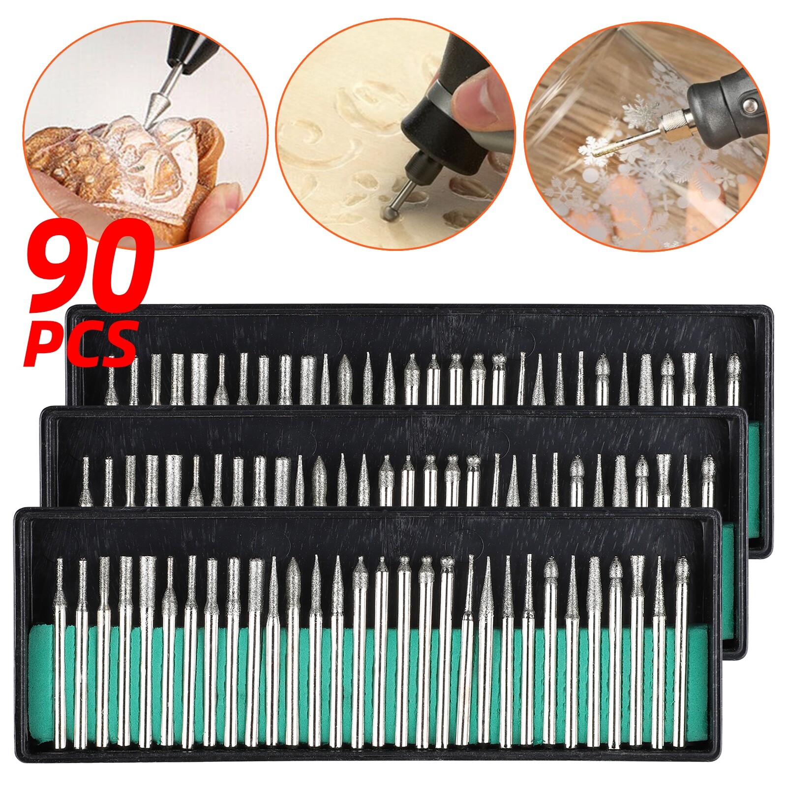 90Pcs Diamond Burr Set, Burrs Engraving Bits Set with 1/8-inch Shank For Dremel