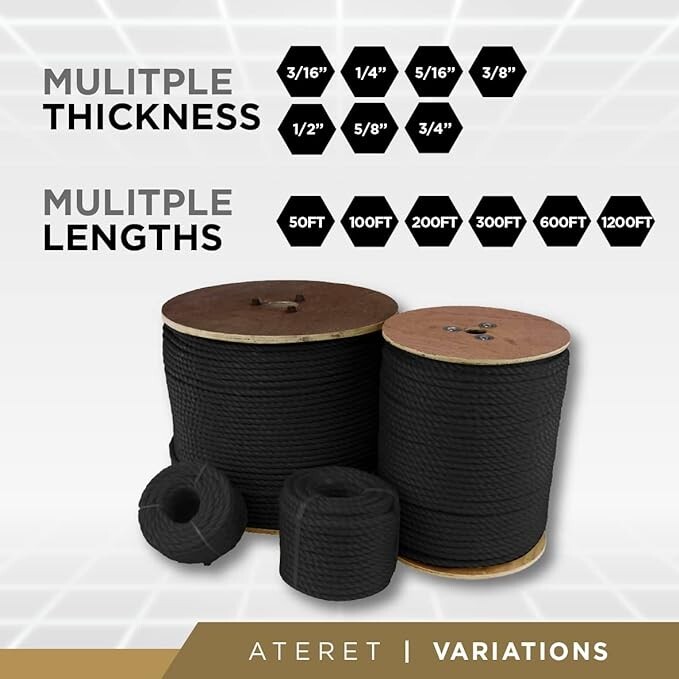 ATERET Twisted 3-Strand Black Polypropylene Rope Monofilament ALL SIZES