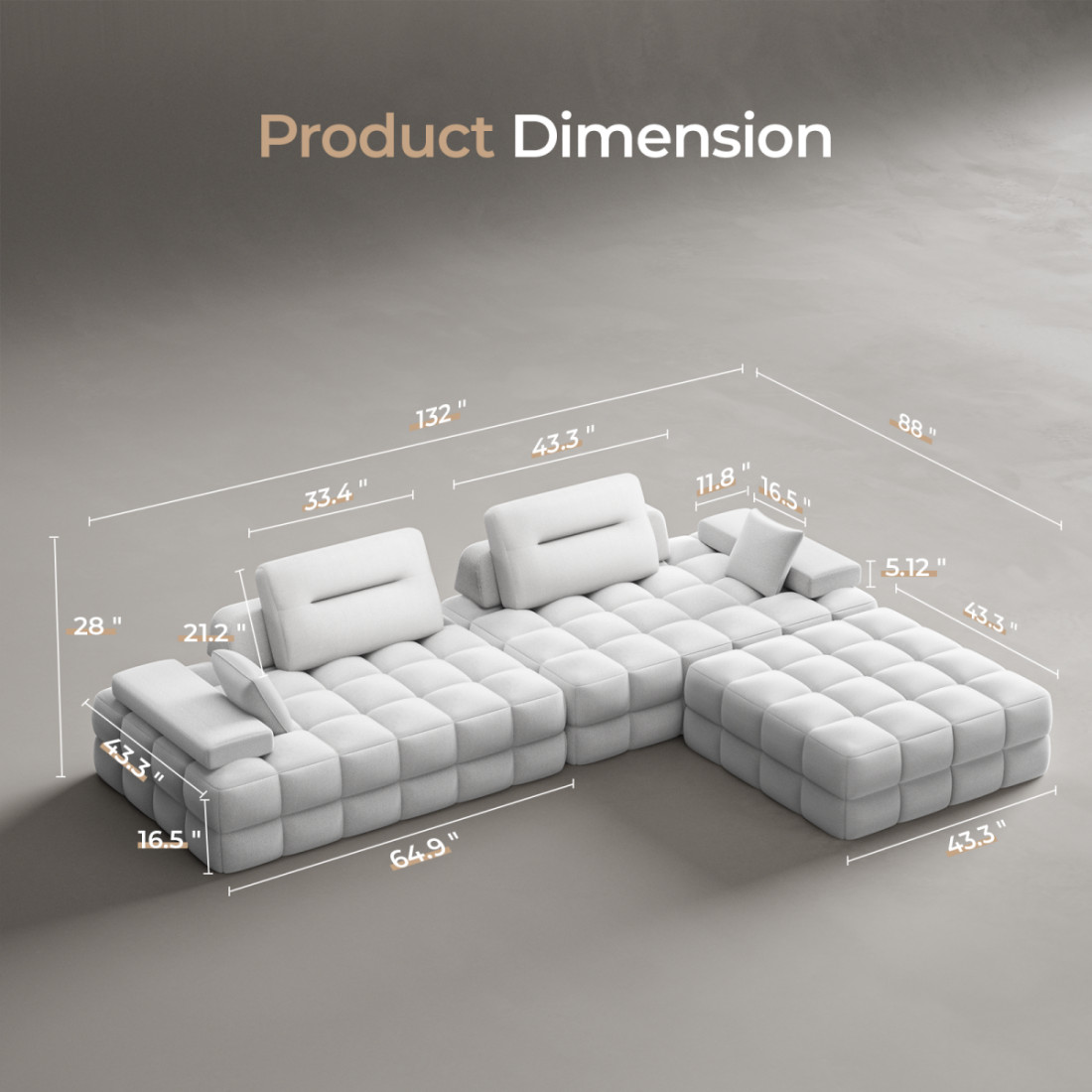 132” Modular Sectional Sofa Couch with Deep Seat L-Shape Couch for Living Room