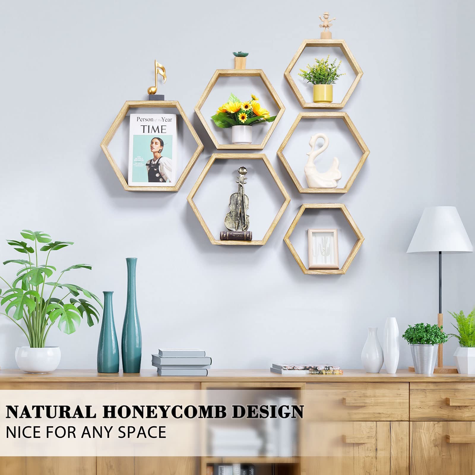 NOVIMANGO Hexagonal Floating 3.12D x 12.8W x 14.8H in, 6 Pack Wood Color