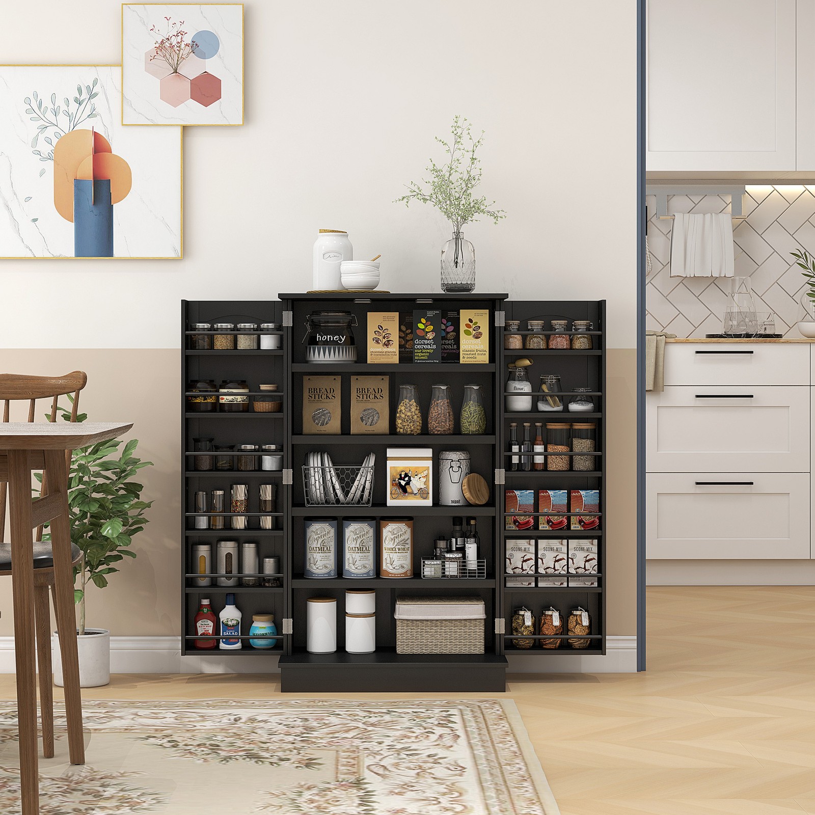 5-tier Kitchen Pantry Cabinet, Food Storage with 12 Door Shelves, Double Doors