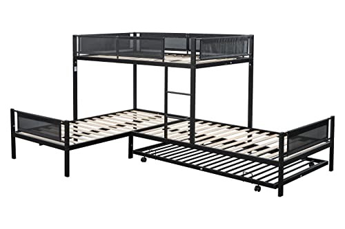 L-Shape Metal Triple Bunk Bed with Trundle 4 Kids,Teens,Adults L-Shape Triple