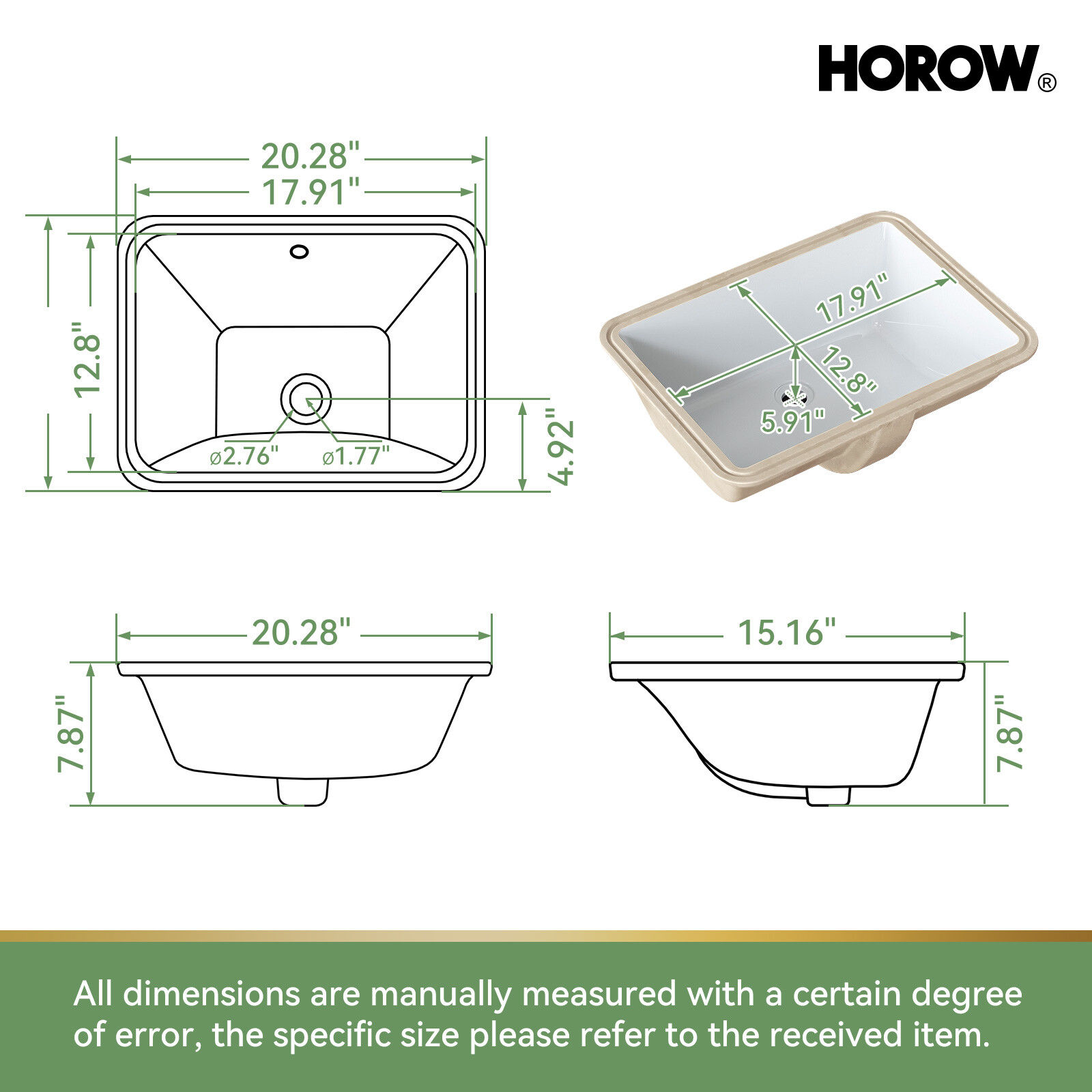 20×15” Rectangular Undermount Bathroom Sink Vitreous Ceramic Lavatory White