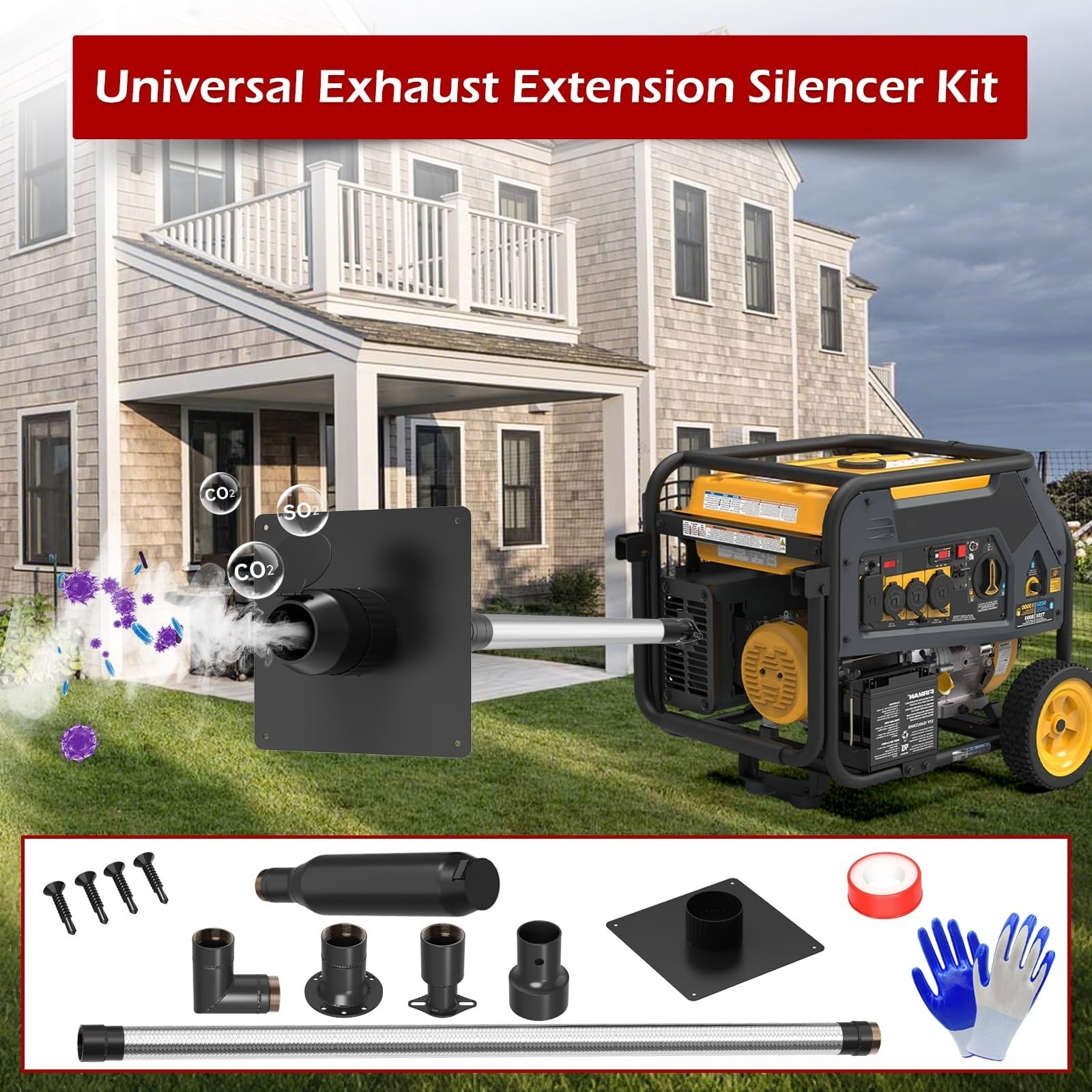 Generator Exhaust Extension Silencer Kit Stainless Steel Flex Pipe