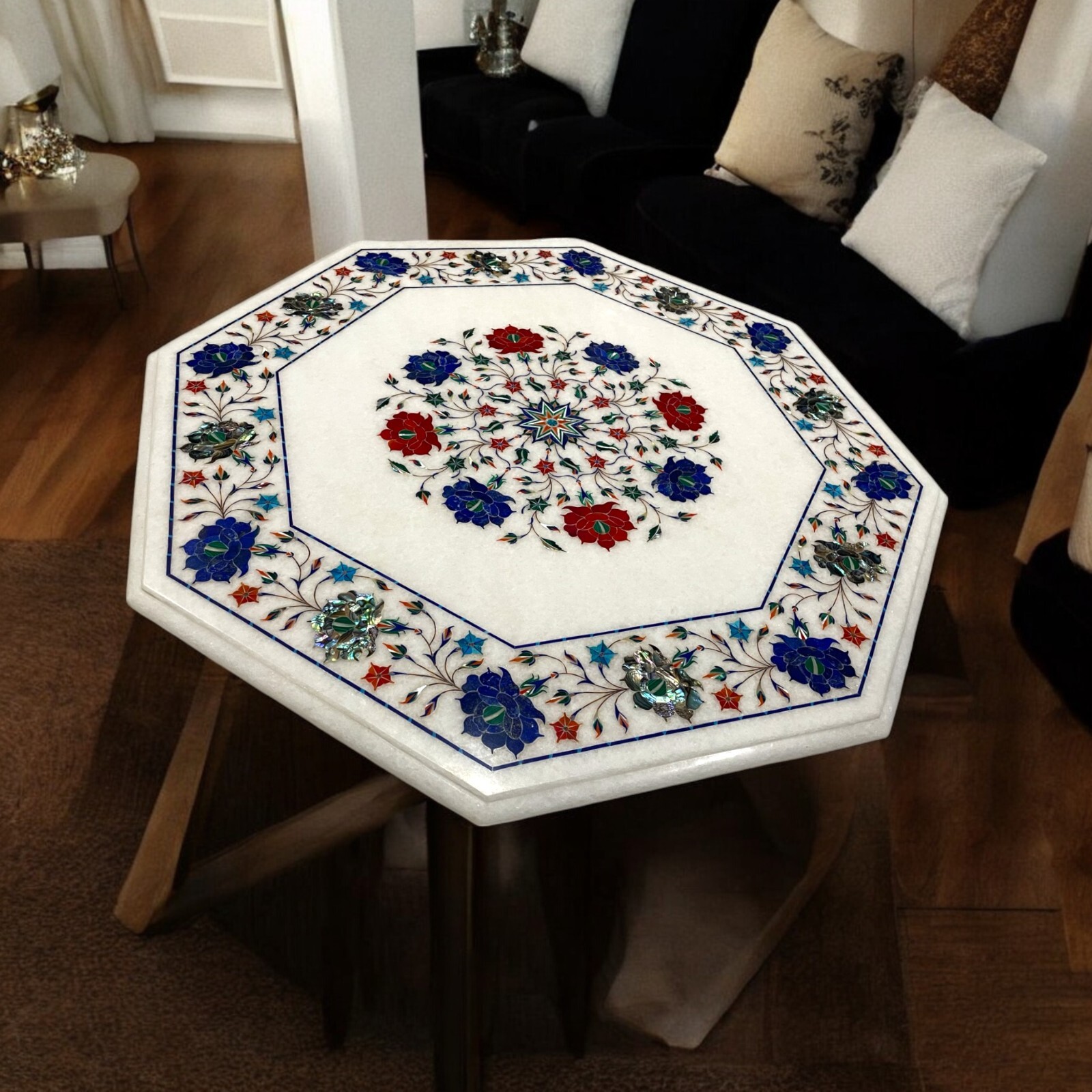 Buy White Marble Sofa Center Table Handcrafted Carnelian with Lapis Inlay Stone