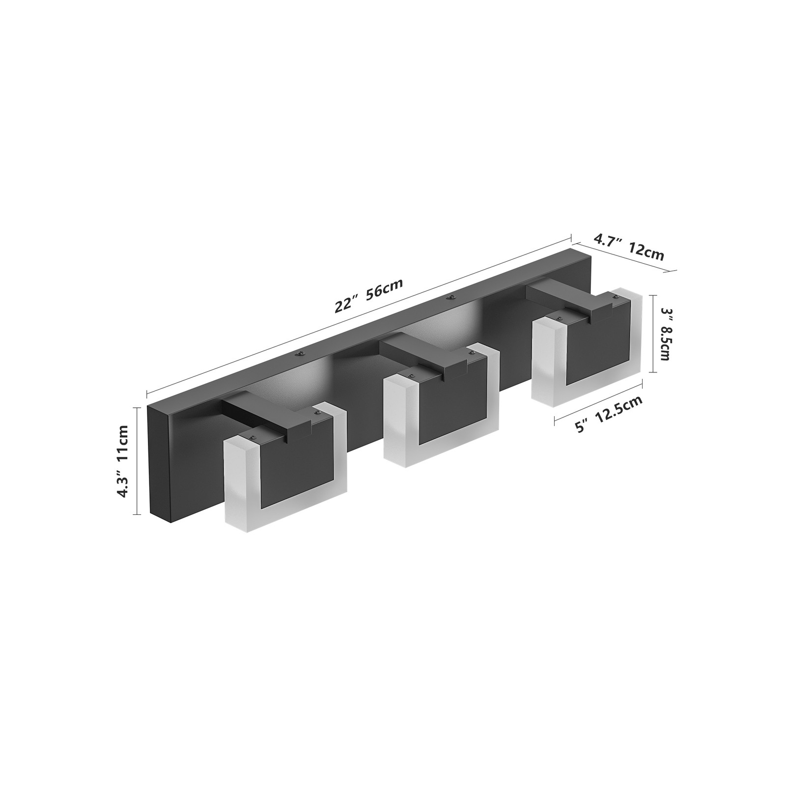 22 in Bathroom Black Dimmable LED Vanity 3 Light Over Mirror Wall Sconce Fixture
