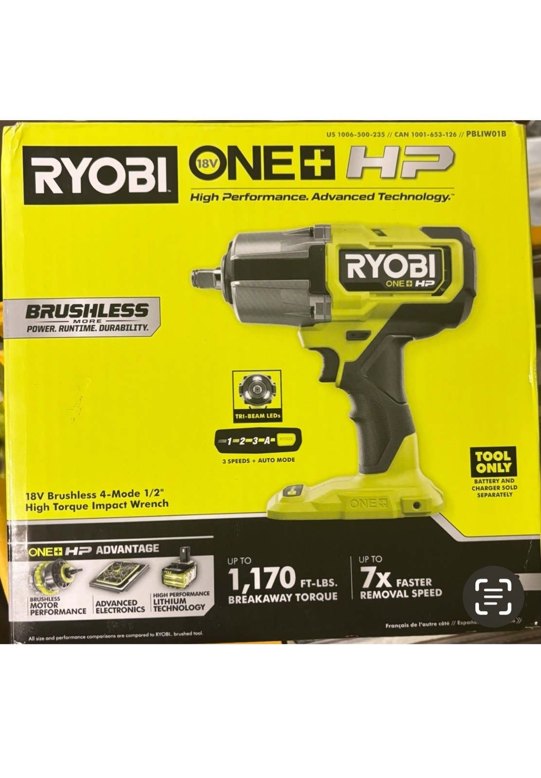 🆕 RYOBI One+ HP 18V Brushless 4-Mode 1/2″ High Torque Impact Wrench PBLIW01B