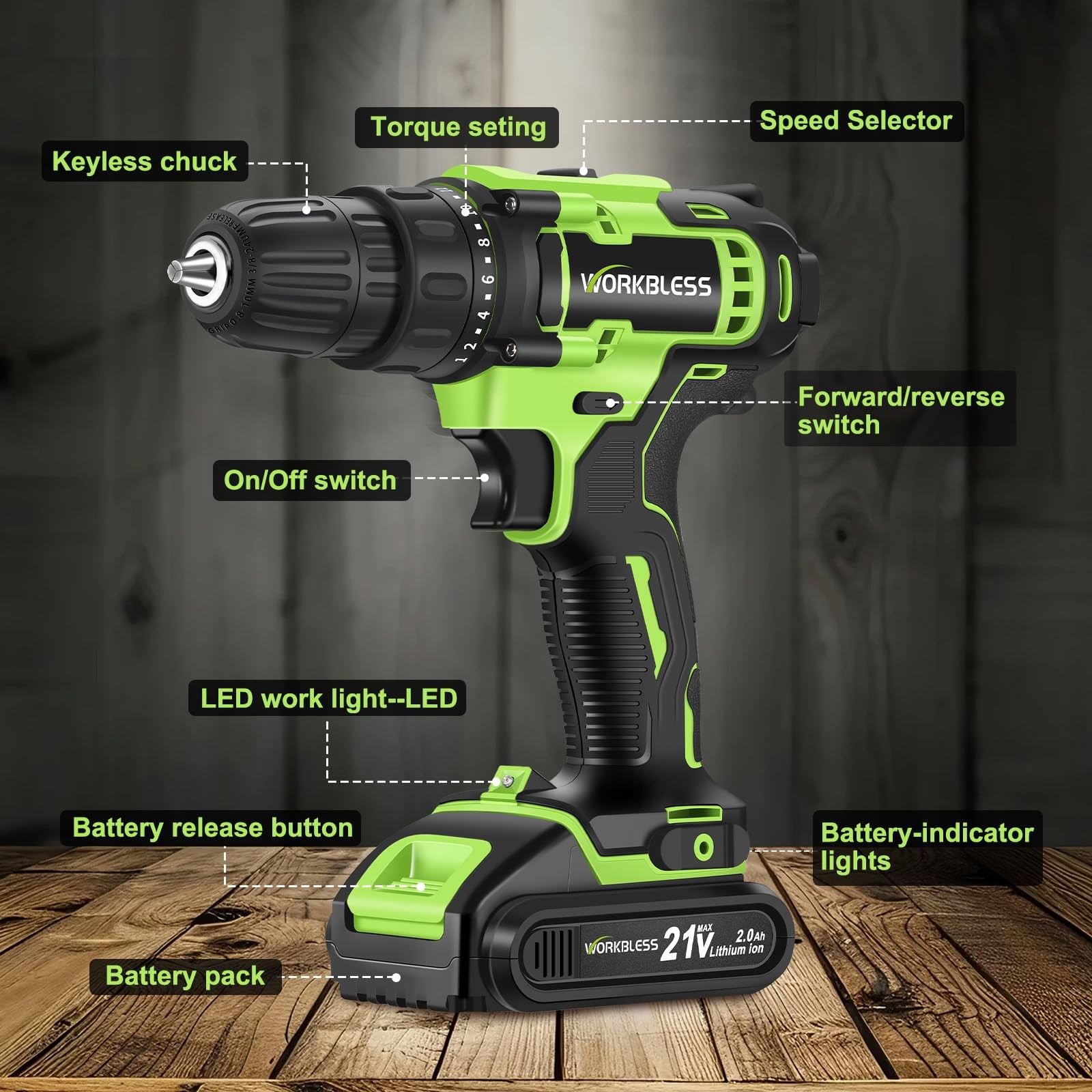 21V Power Drill Set, Cordless Drill with Battery and Charger (Green, 1 Battery)