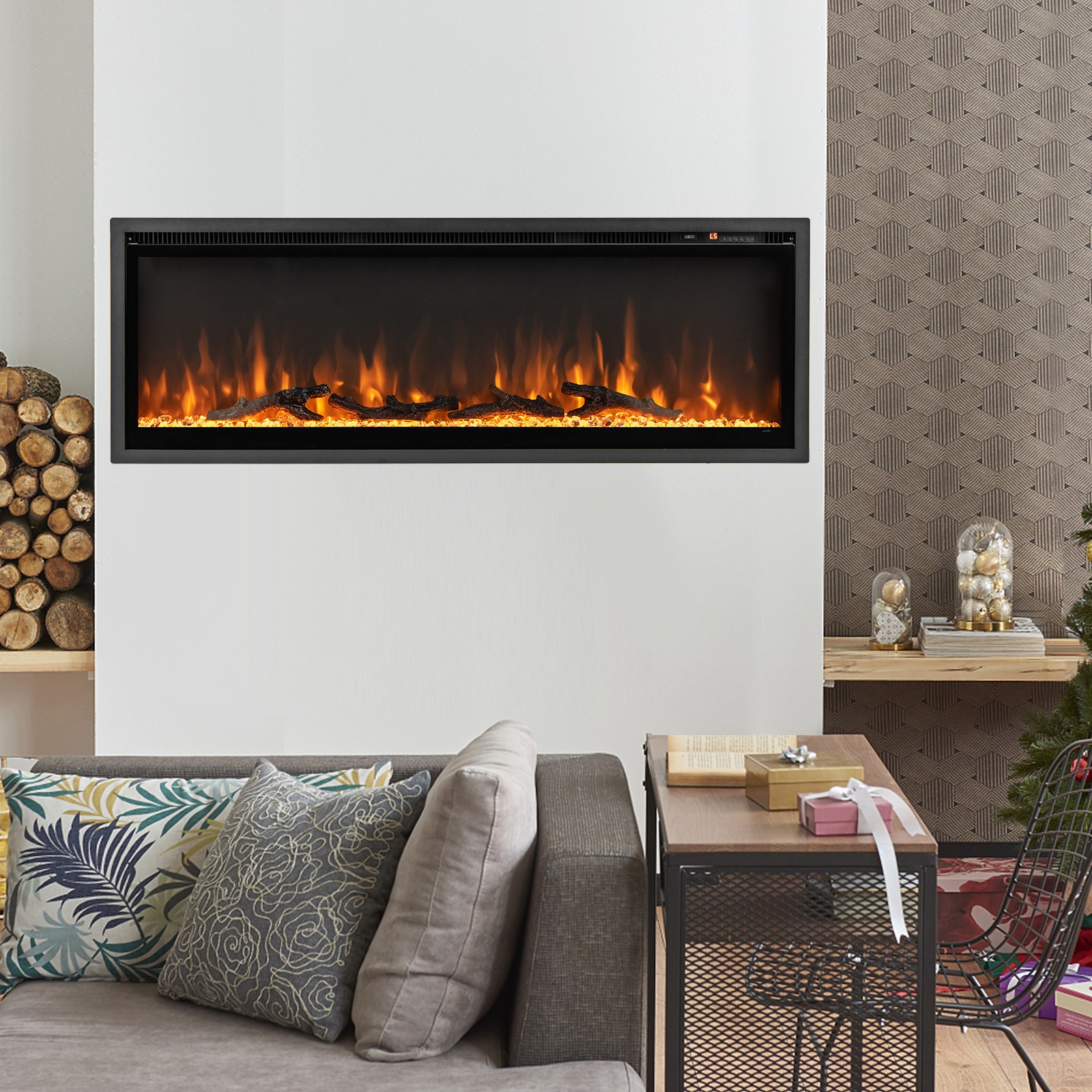 50 Inch Linear Electric Fireplace Heater Wall-Mounted Recessed Freestanding