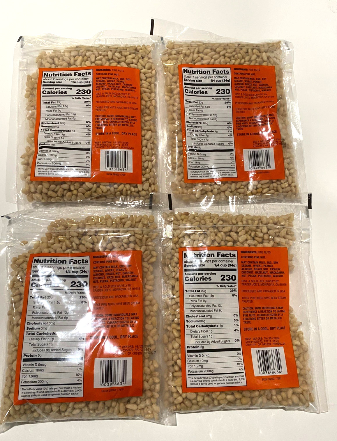 4 Packs New Trader Joe’s Unroasted & Unsalted Pignolias Pine Nuts 8oz Each X 4