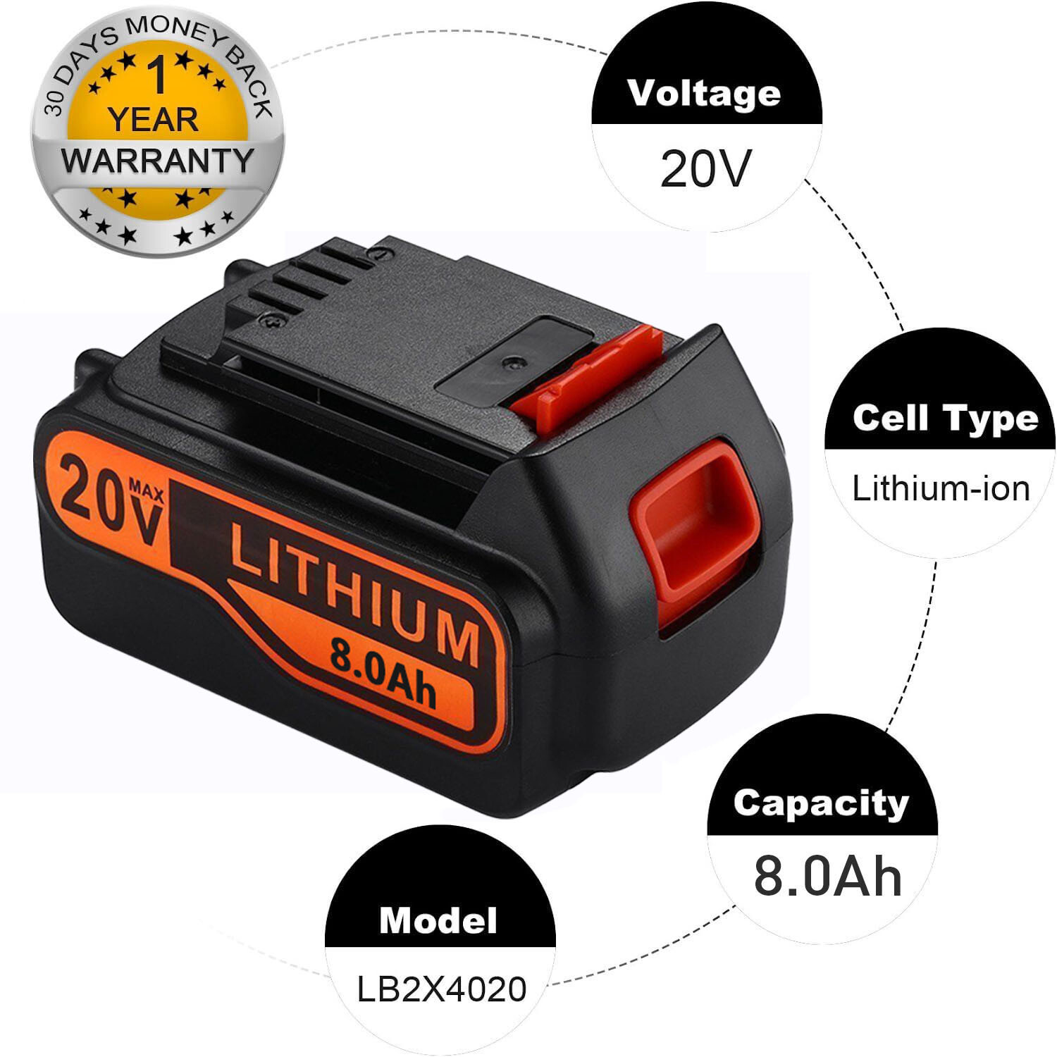 Pack 8.0AH 20V MAX For Black & Decker 20Volt Lithium Battery LBXR20 LB2X4020 NEW