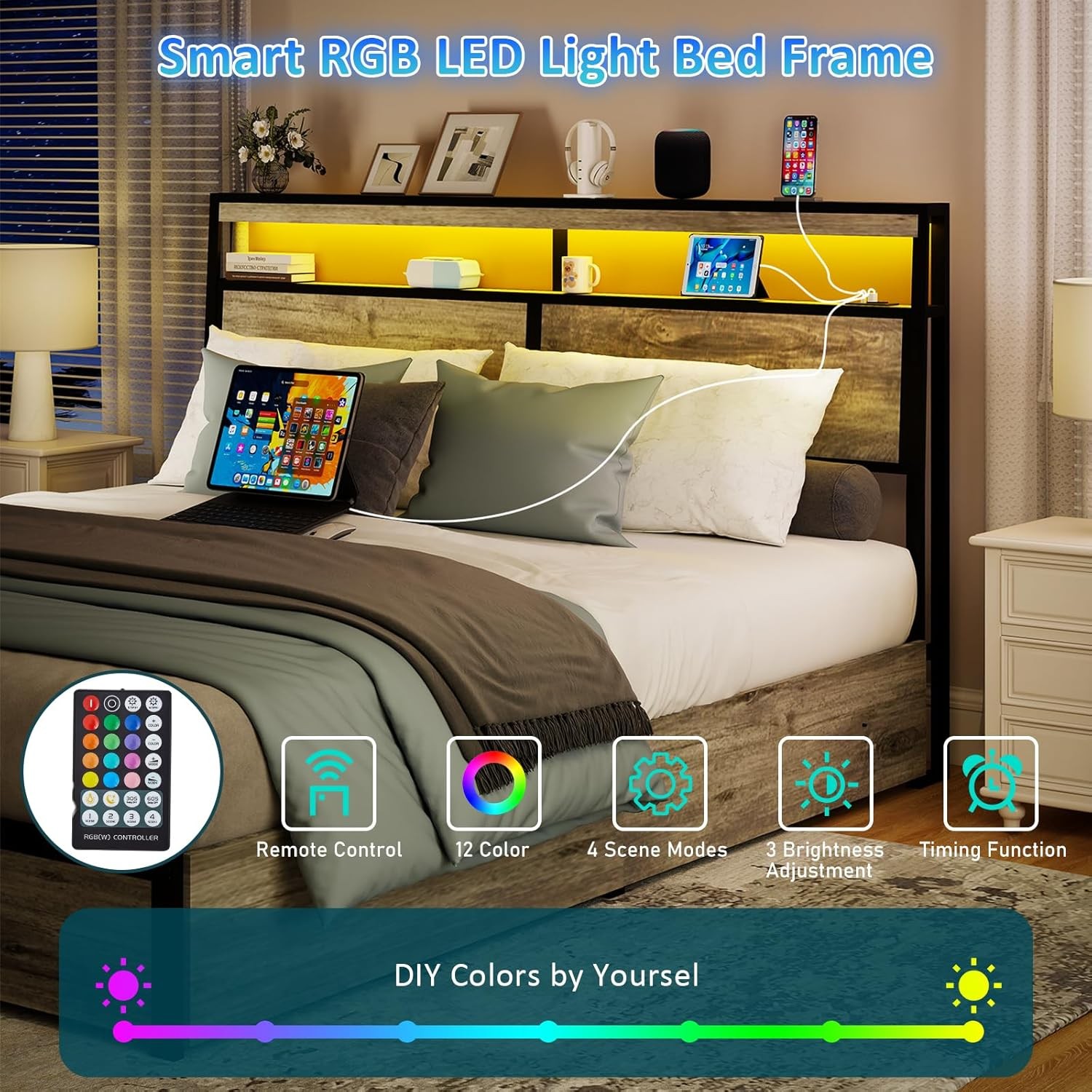 Full Queen King Bed Frame with Storage Headboard ,Charging Station & LED Lights