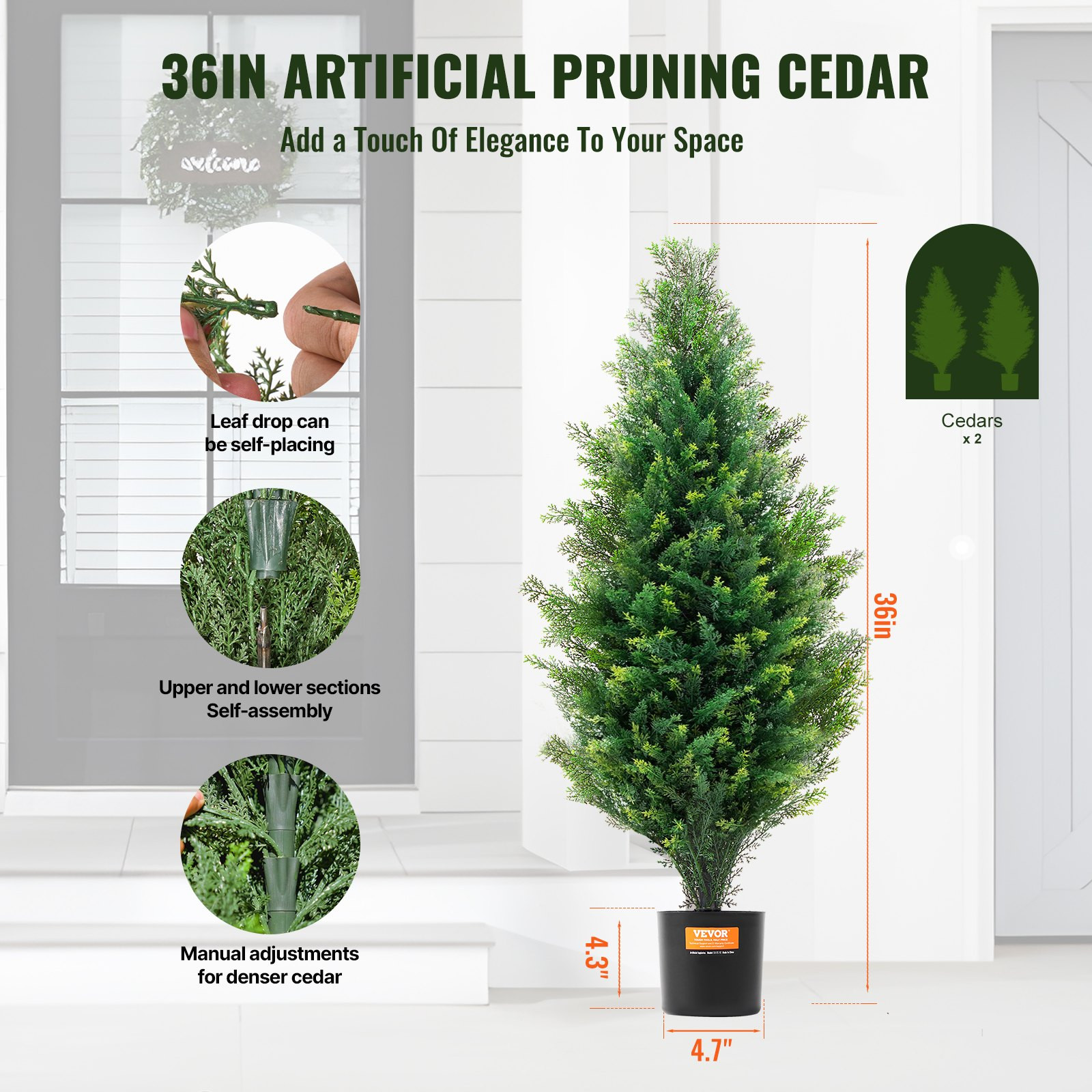 VEVOR Artificial Cedar Topiary Tree, 36 inch Tall (2 Pieces), with Extra Leaves