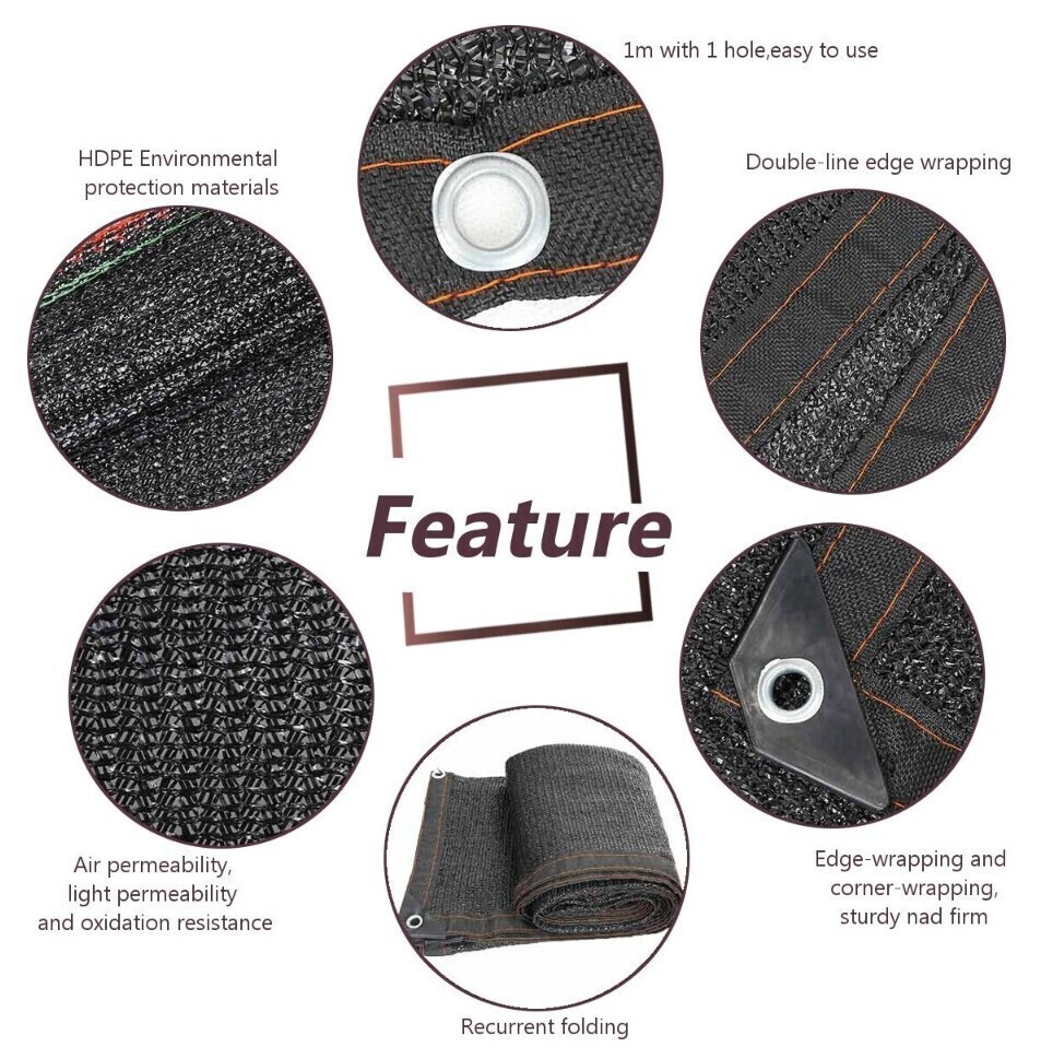 90% Black Sunblock Shade Cloth Taped Edge w/ Grommets UV Resistant Shade Net US